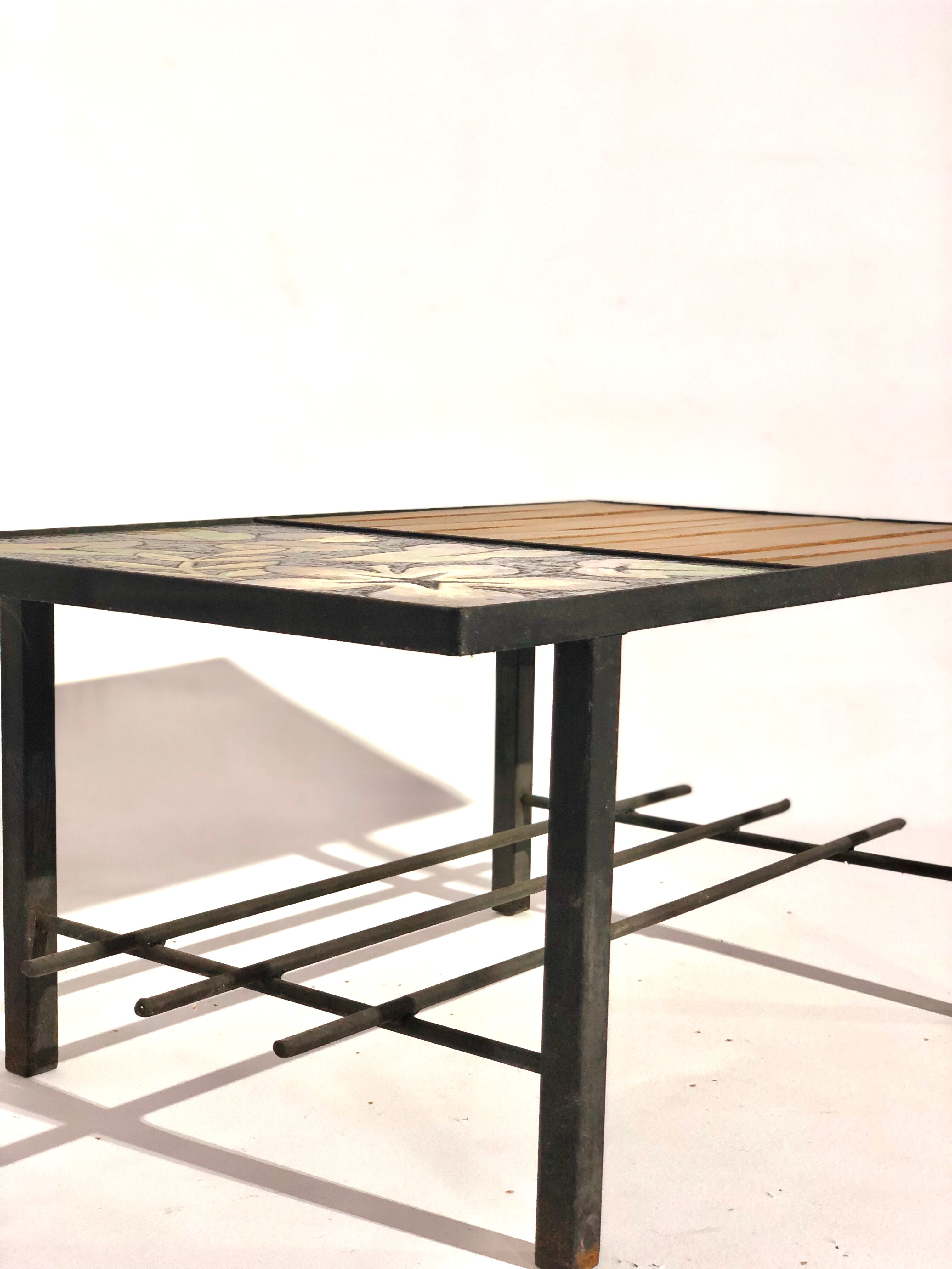 Vintage coffee table 1970 - Ceramic, oak and metal