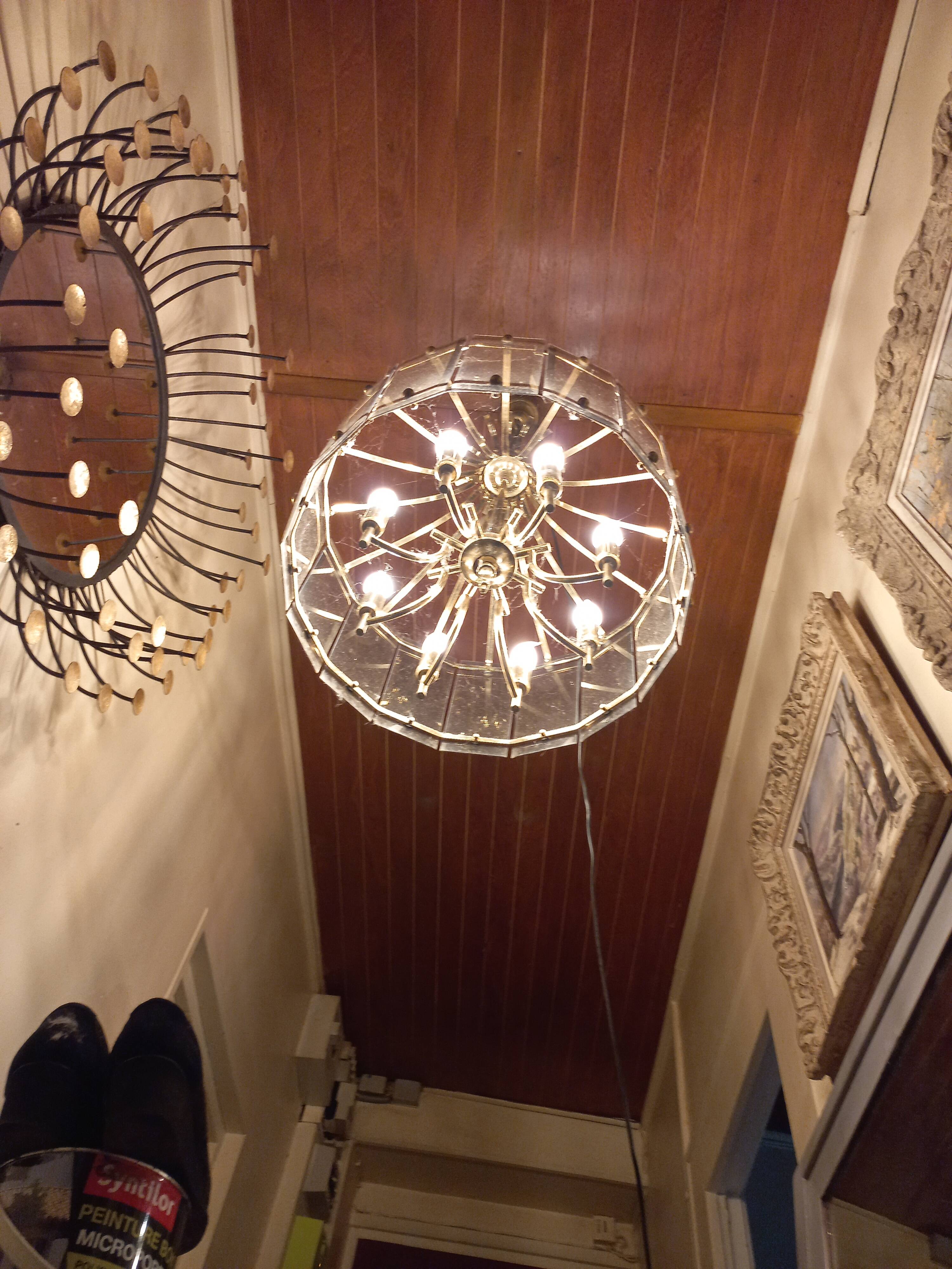 70s designer chandelier with smoked glass plates and gold metal frame