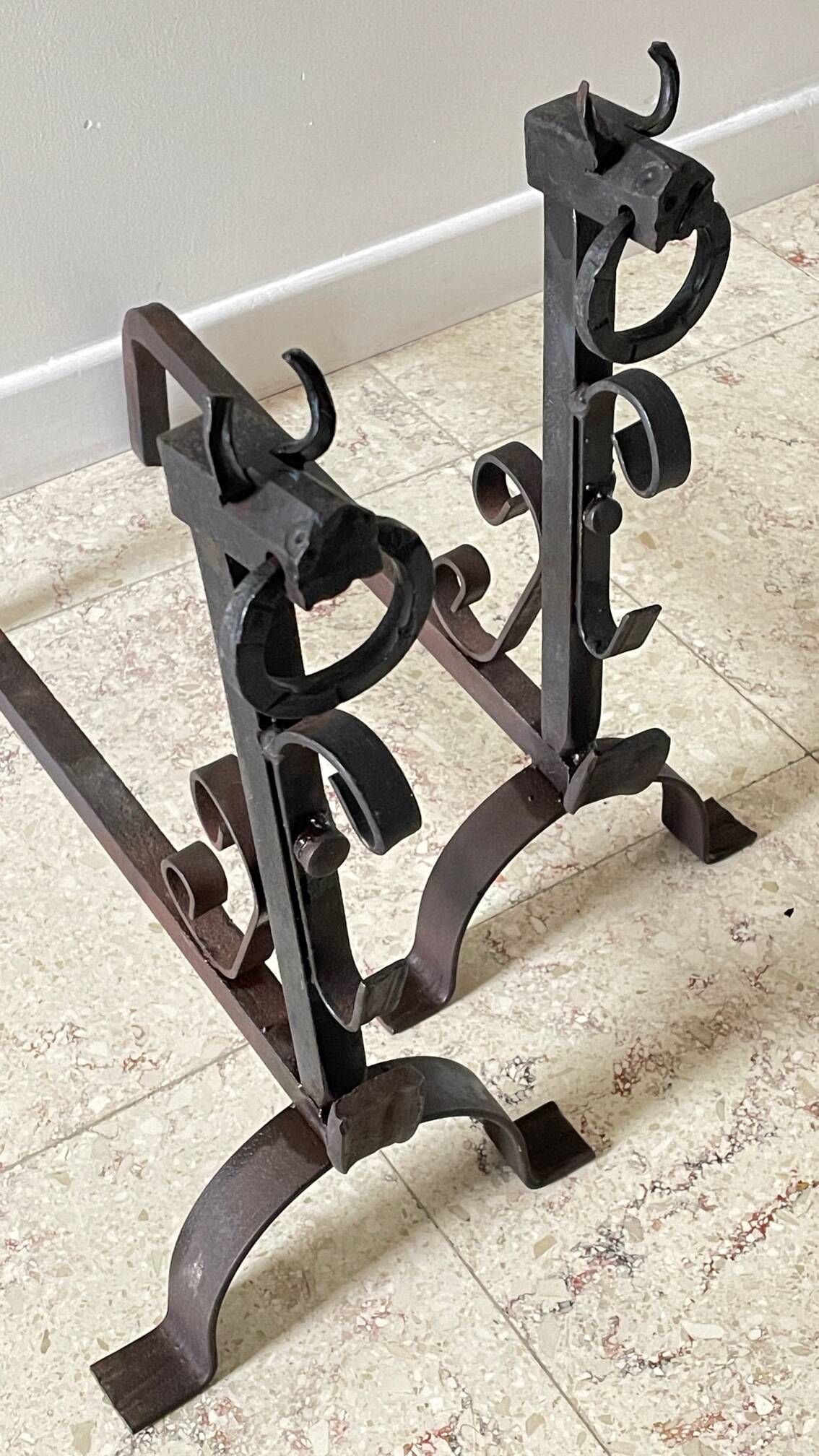 Pair of vintage steel brutalist andirons