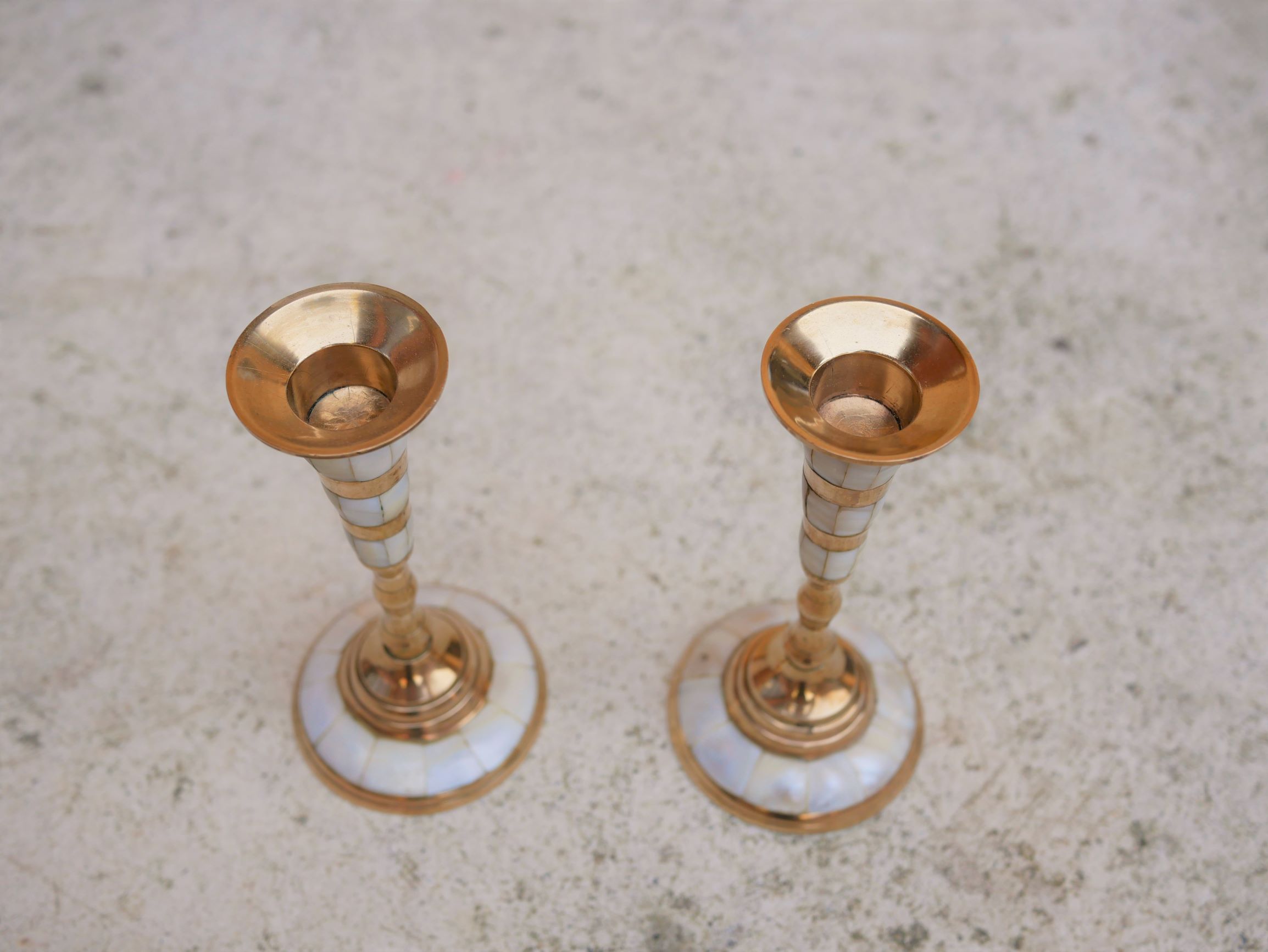 Pair of vintage brass and mother-of-pearl candlesticks
