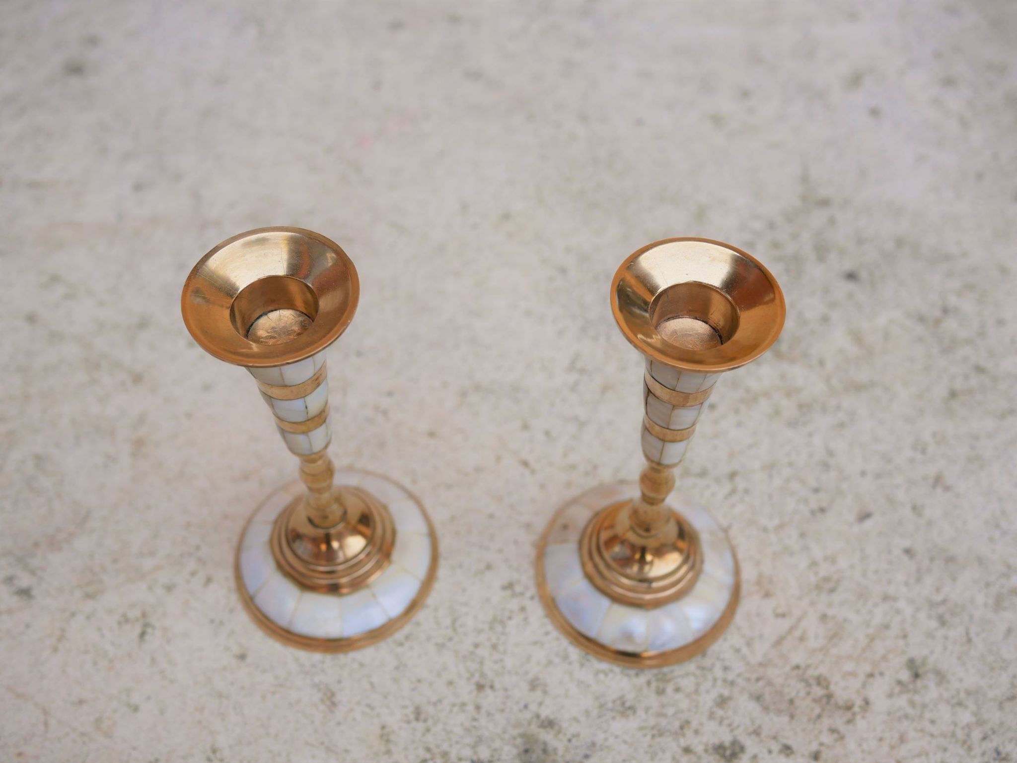 Pair of vintage brass and mother-of-pearl candlesticks