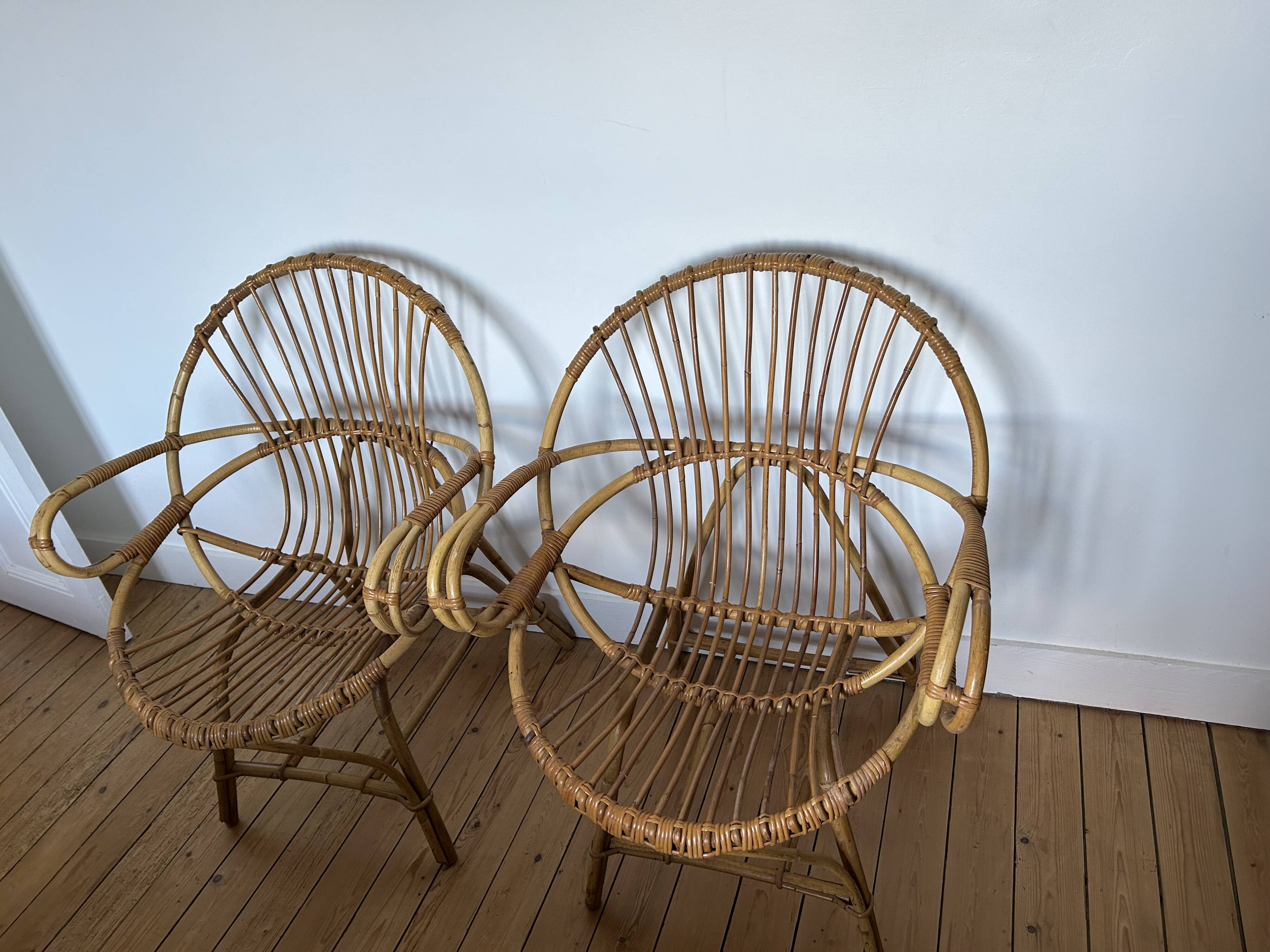 Pair of 1970s rattan shell chairs