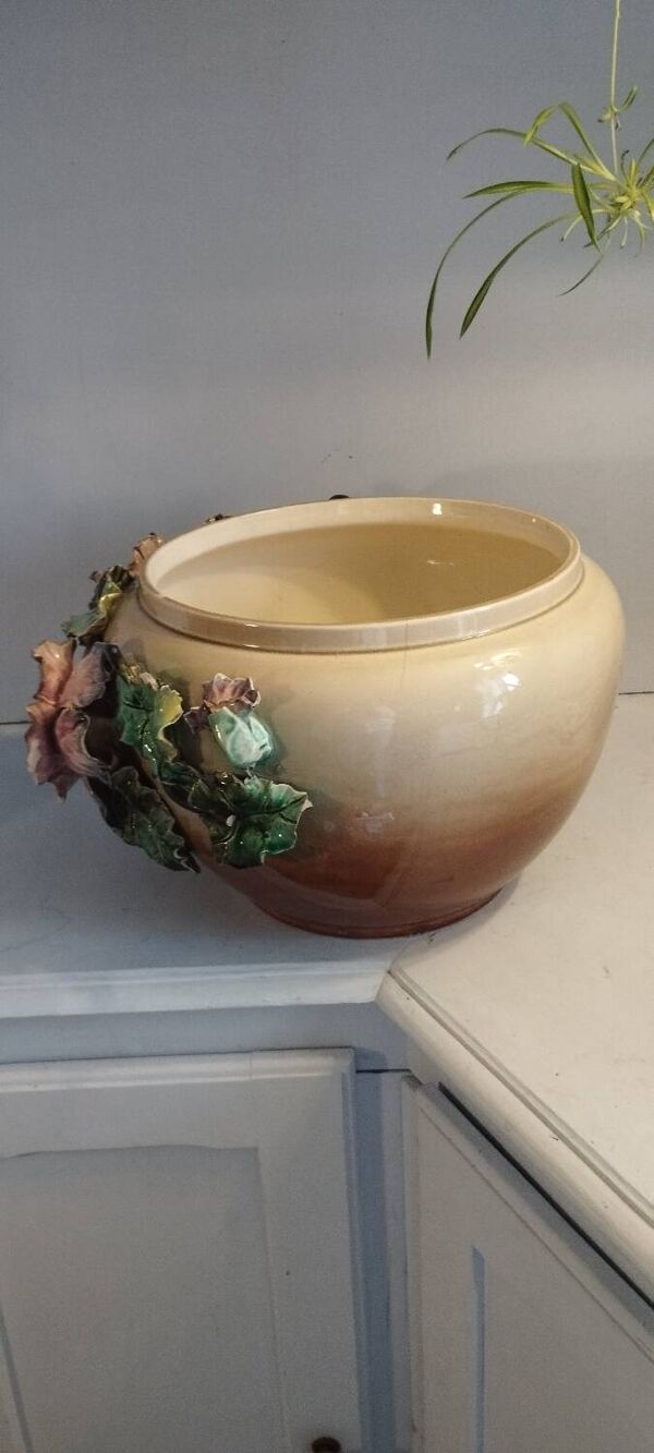 Grand Cache-pot Barbotine Art Nouveau - Décor Pavots Polychrome