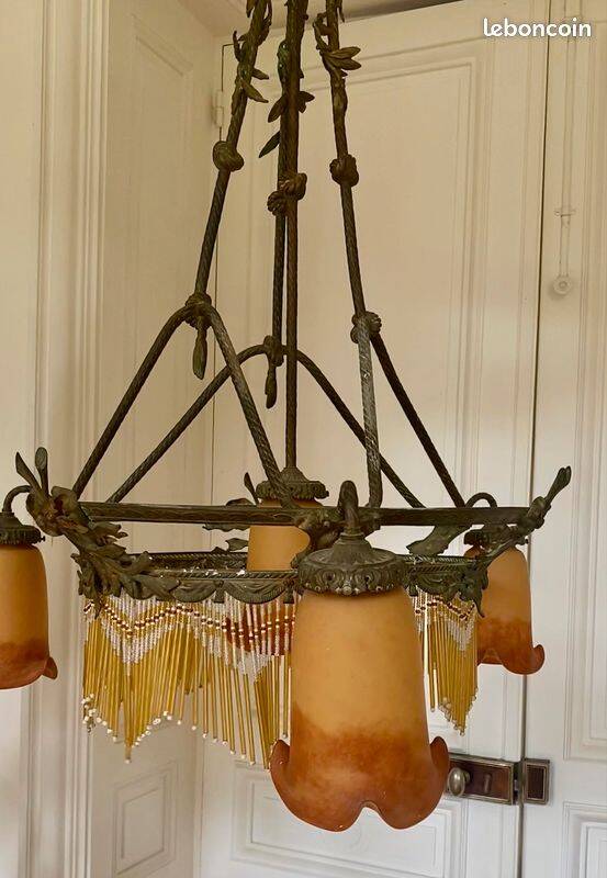 19th century electrified chandelier. Frosted Glass and Bronze