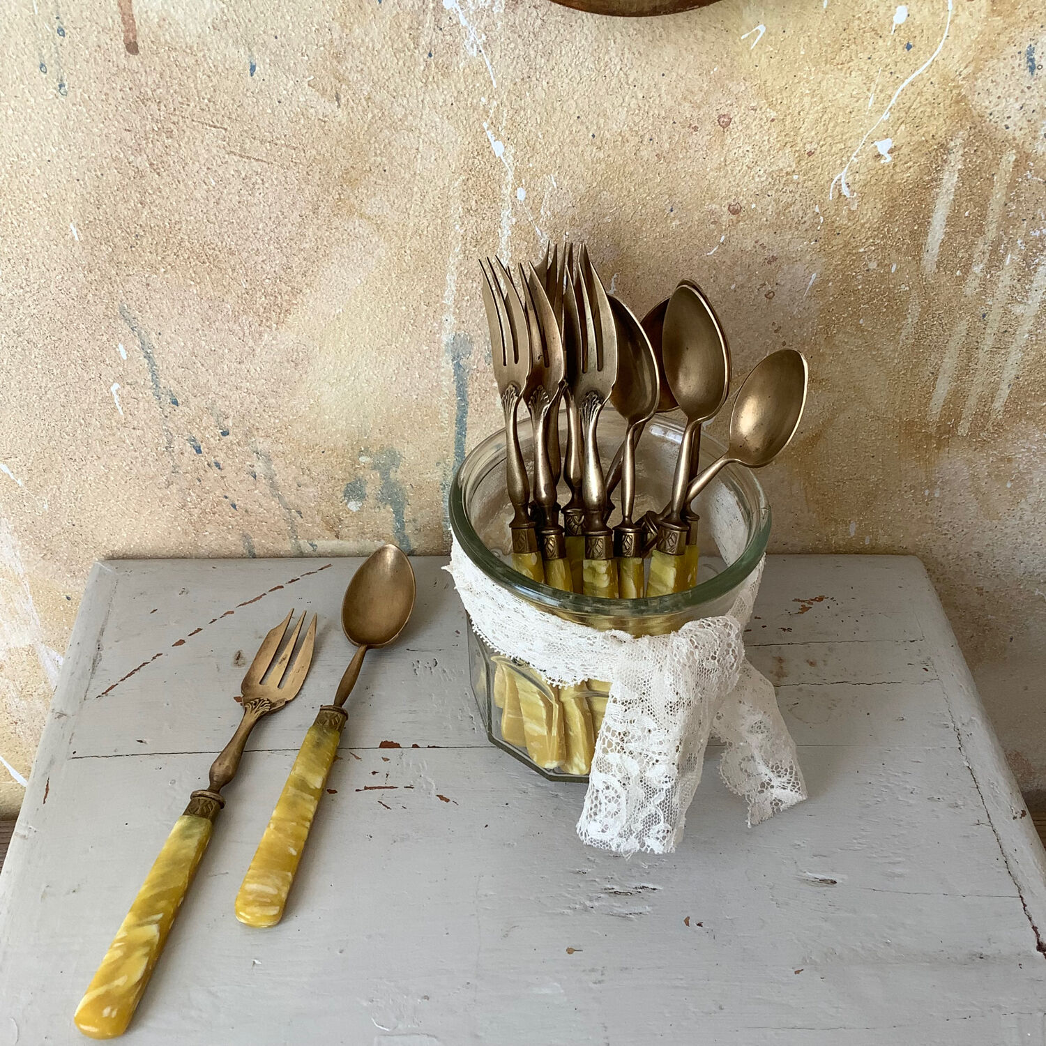Brass and bakelite dessert cutlery