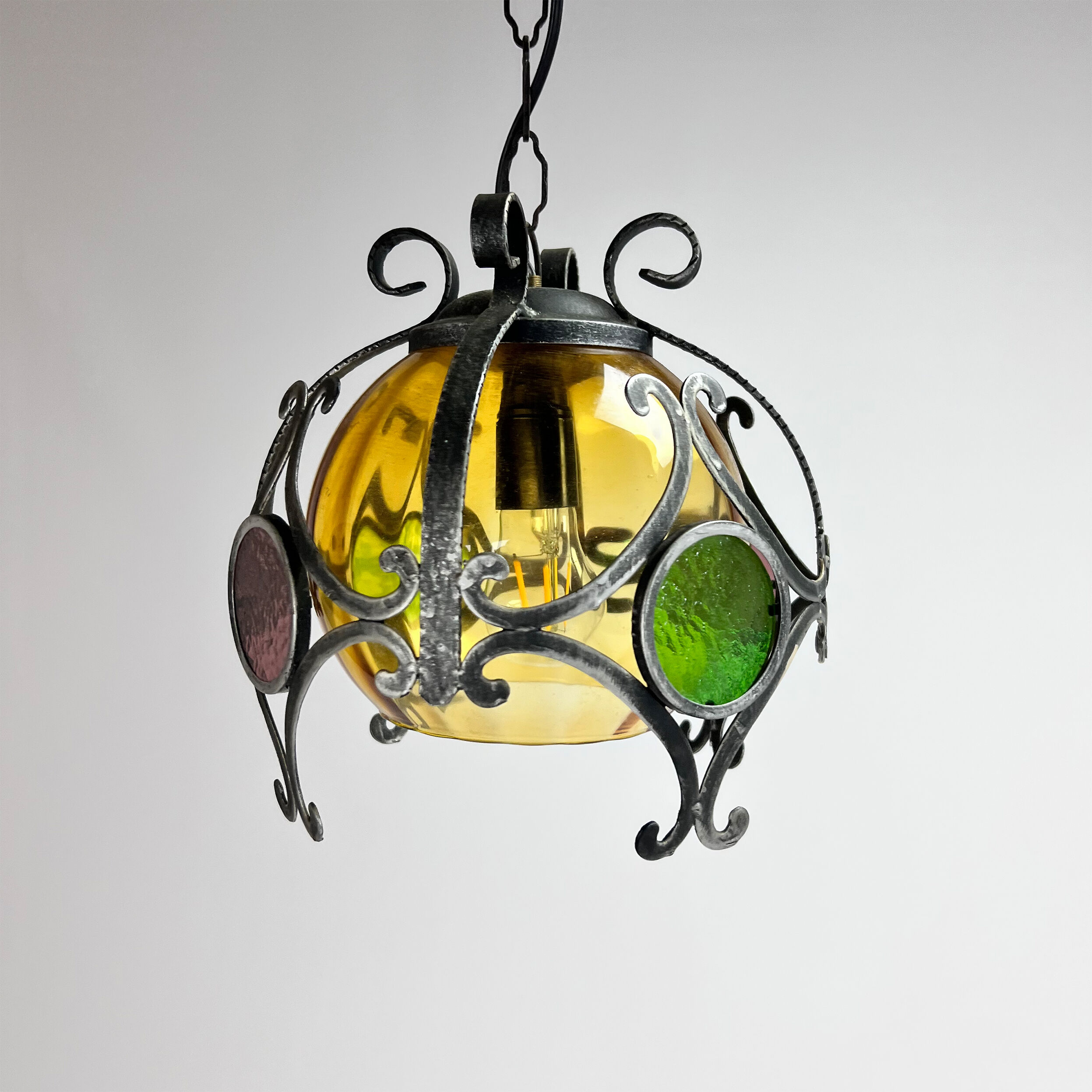 Brutalist cast iron and colored glass pendant, 1970s