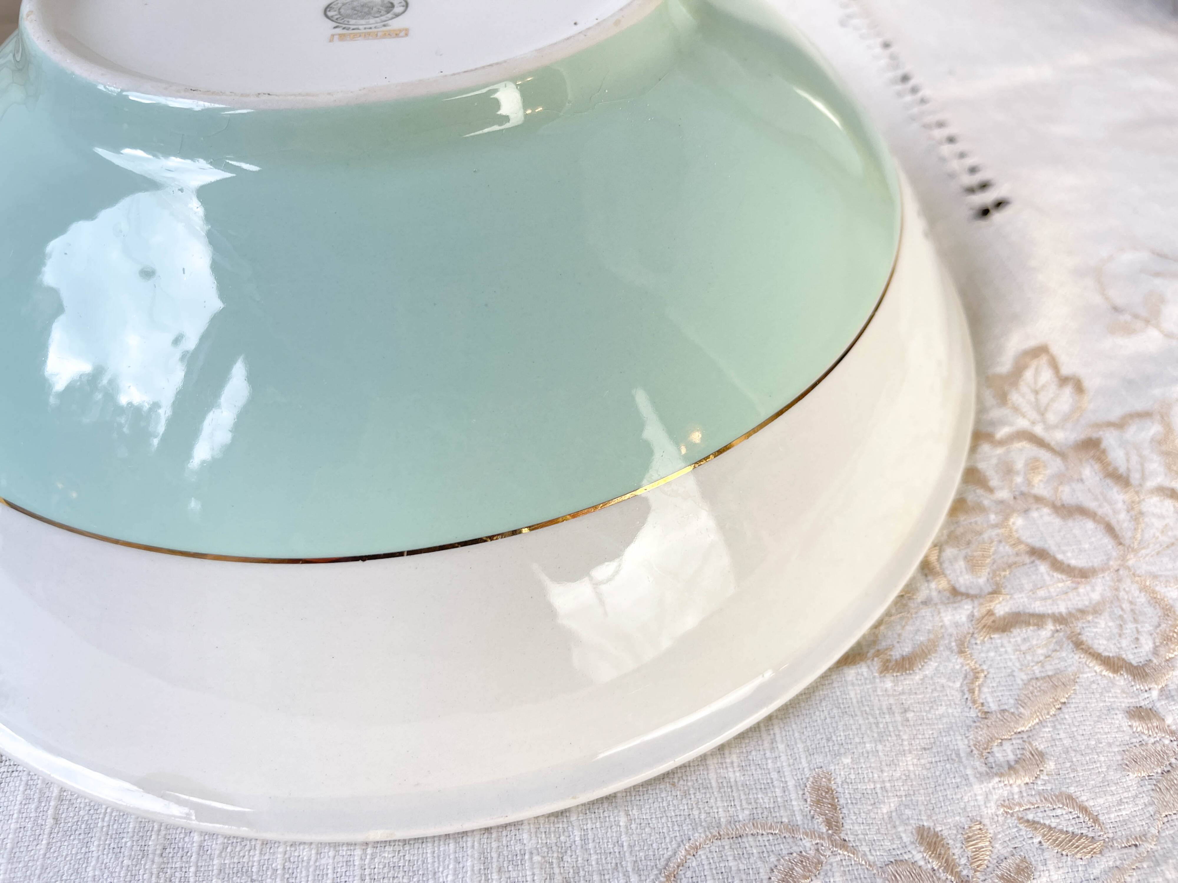 Vintage white and green porcelain salad bowl, Luneville, Epinay, France, 1950s