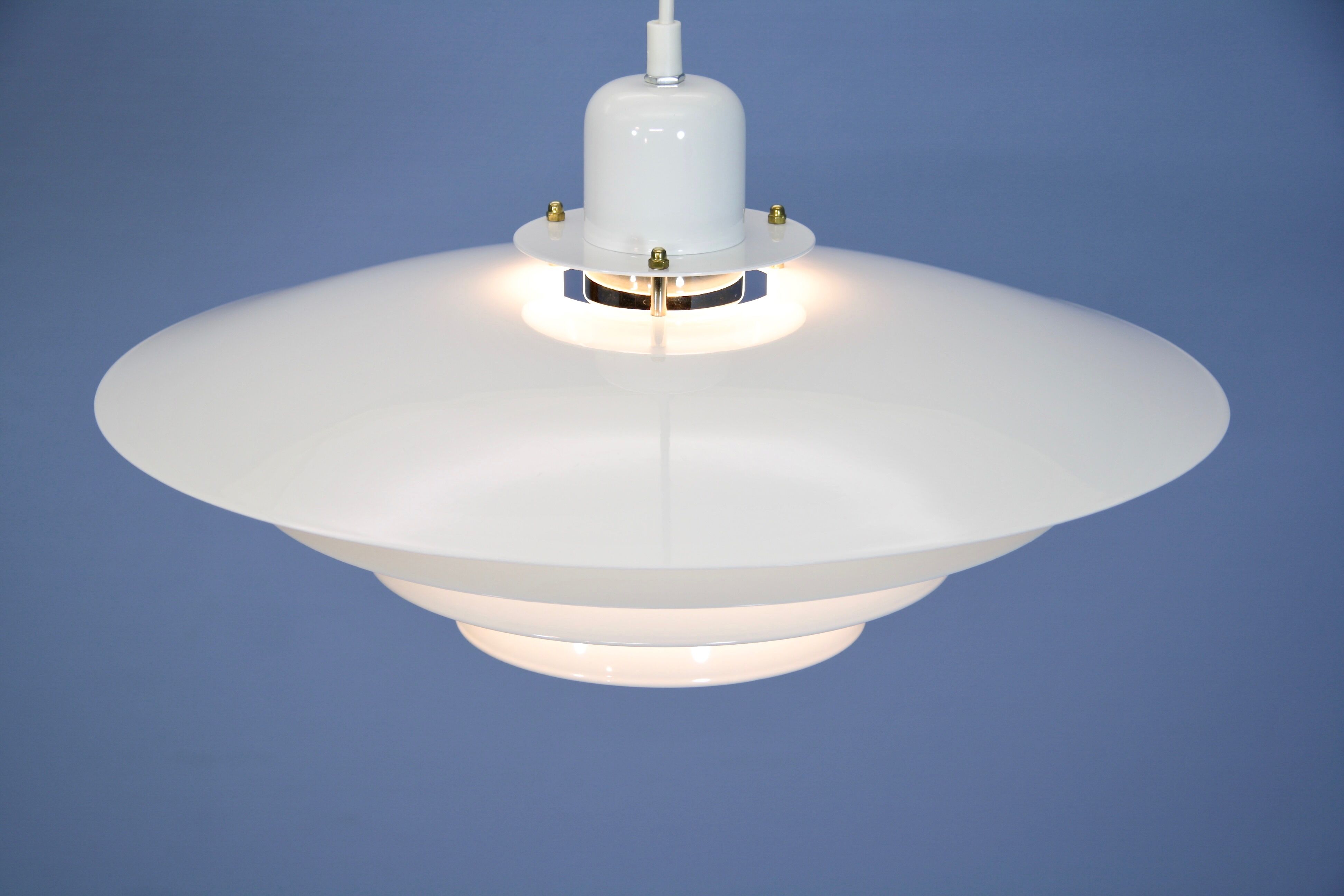 Danish hanging lamp in white with brass accent, 1980s