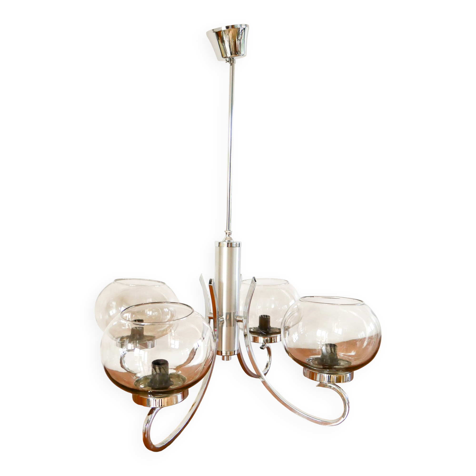 Chandelier Gaetano Sciolari, 4 lights, in chrome and smoked glass, 1970.