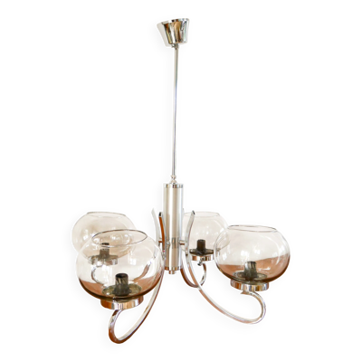 Lustre Gaetano Sciolari, 4 feux, en chrome et verre fumé, 1970