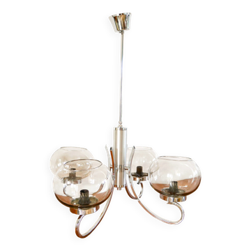 Chandelier Gaetano Sciolari, 4 lights, in chrome and smoked glass, 1970.