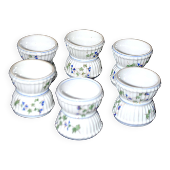 Set of 6 old porcelain egg cups by Mehun Ch.Pillivuyt - flowery decoration with cornflower seedlings