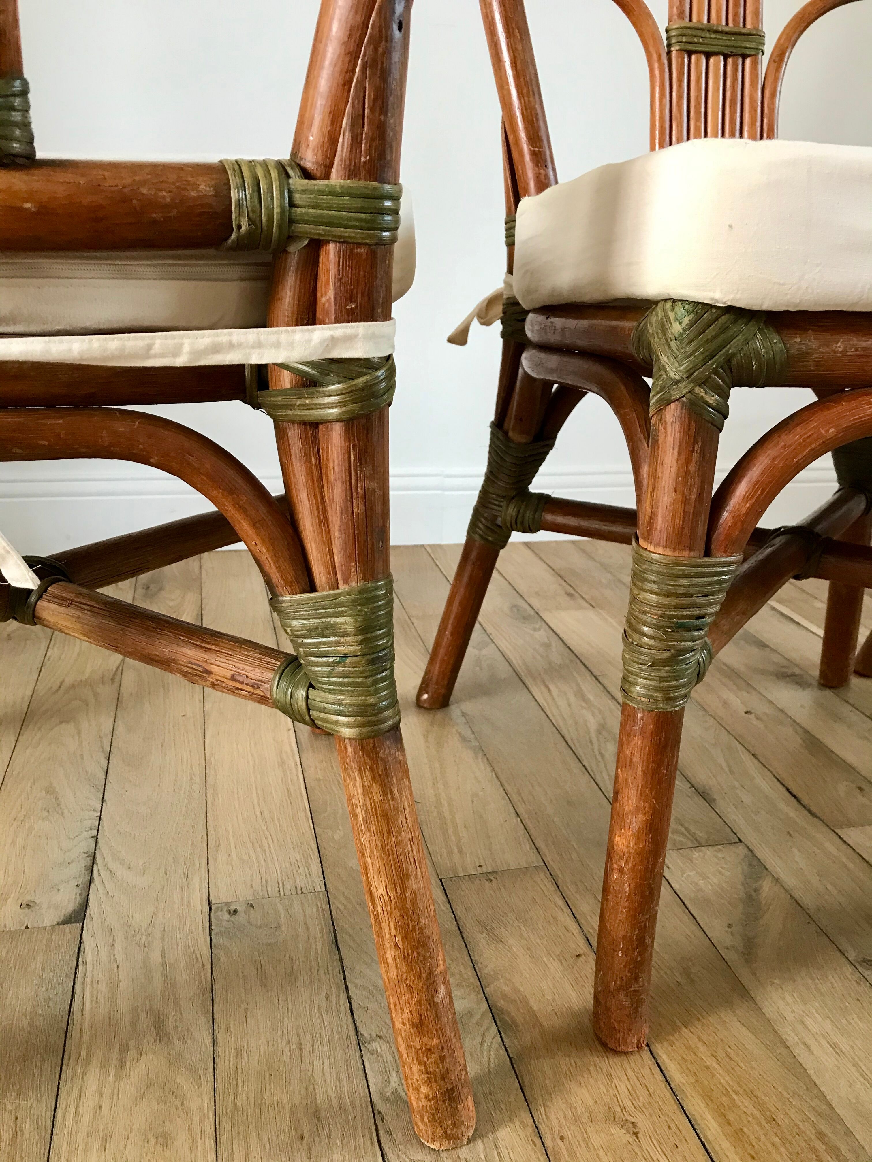 Set of 3 rattan / bamboo chairs with cushions years 1960-1970