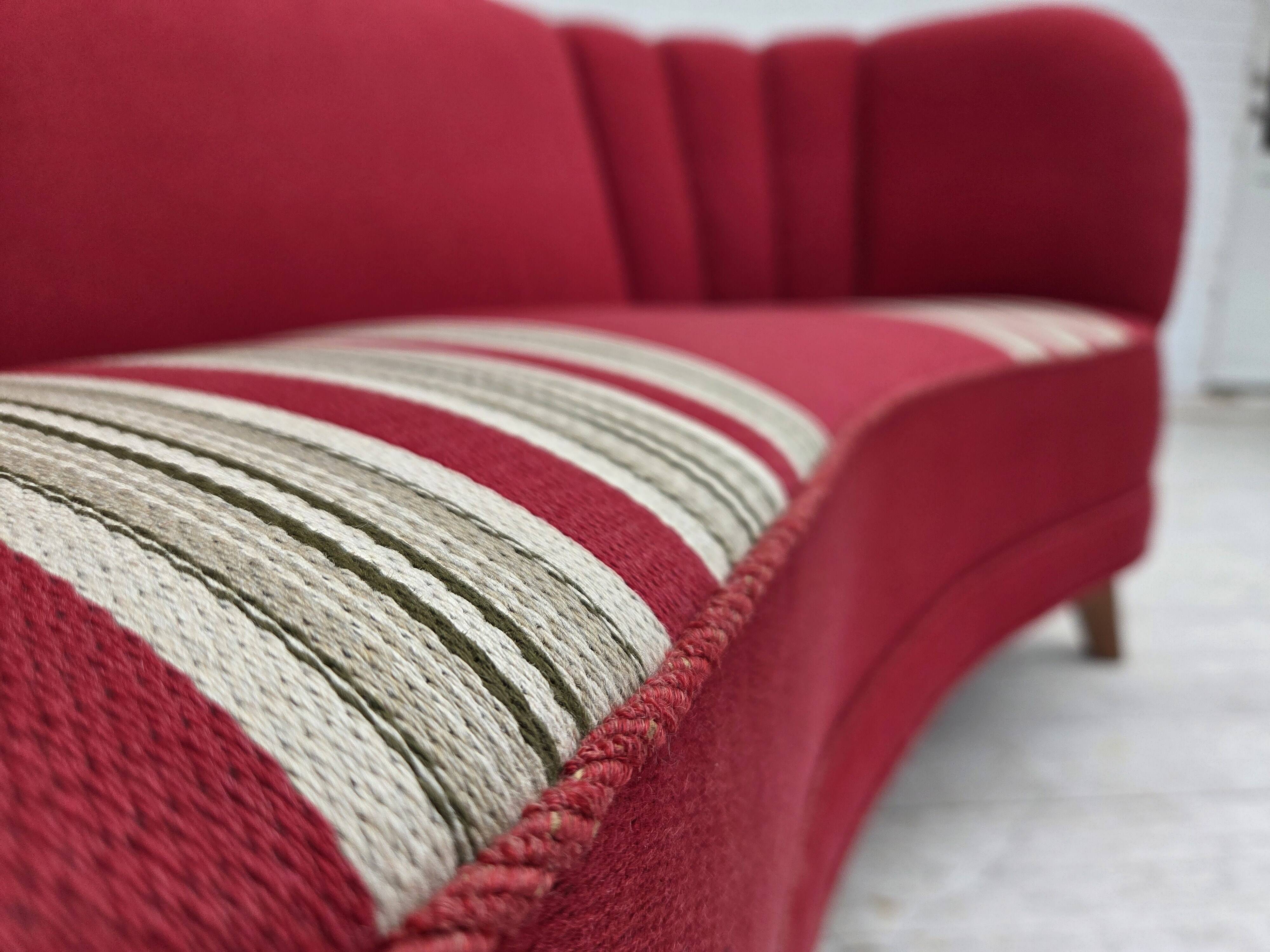 1960s, Danish 2-seater "Banana" sofa, furniture wool, oak wood legs.
