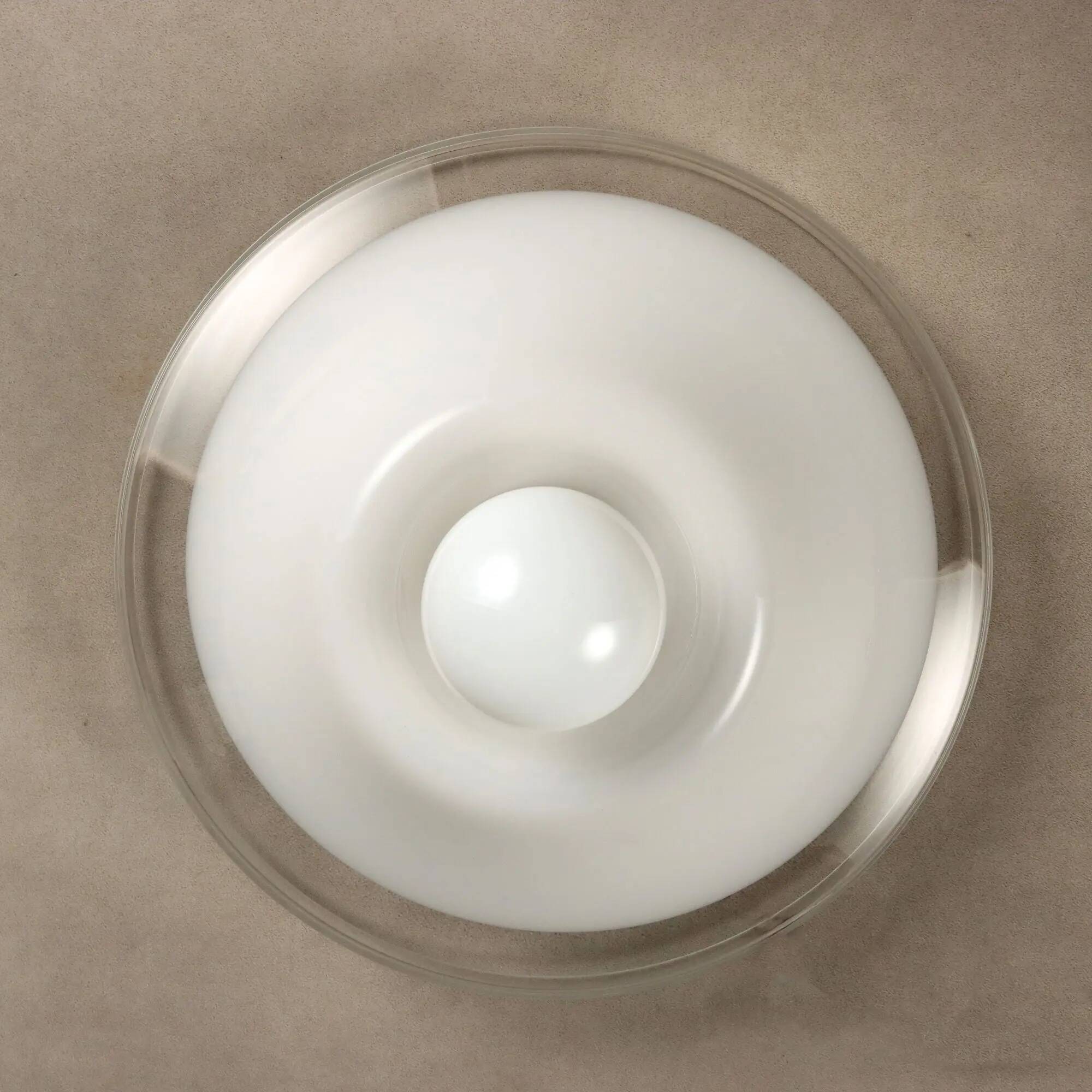 Vintage ceiling light in white and clear glass, Italian design from the 1970s.