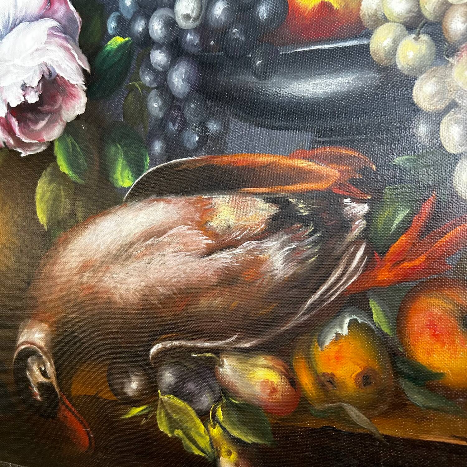 Painting, still life roses, grapes and game