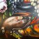 Painting, still life roses, grapes and game