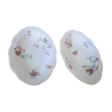 Lot 2 old porcelain raviers limoges decor petites roses on a white background