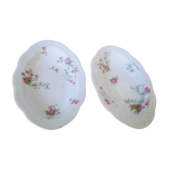 Lot 2 old porcelain raviers limoges decor petites roses on a white background