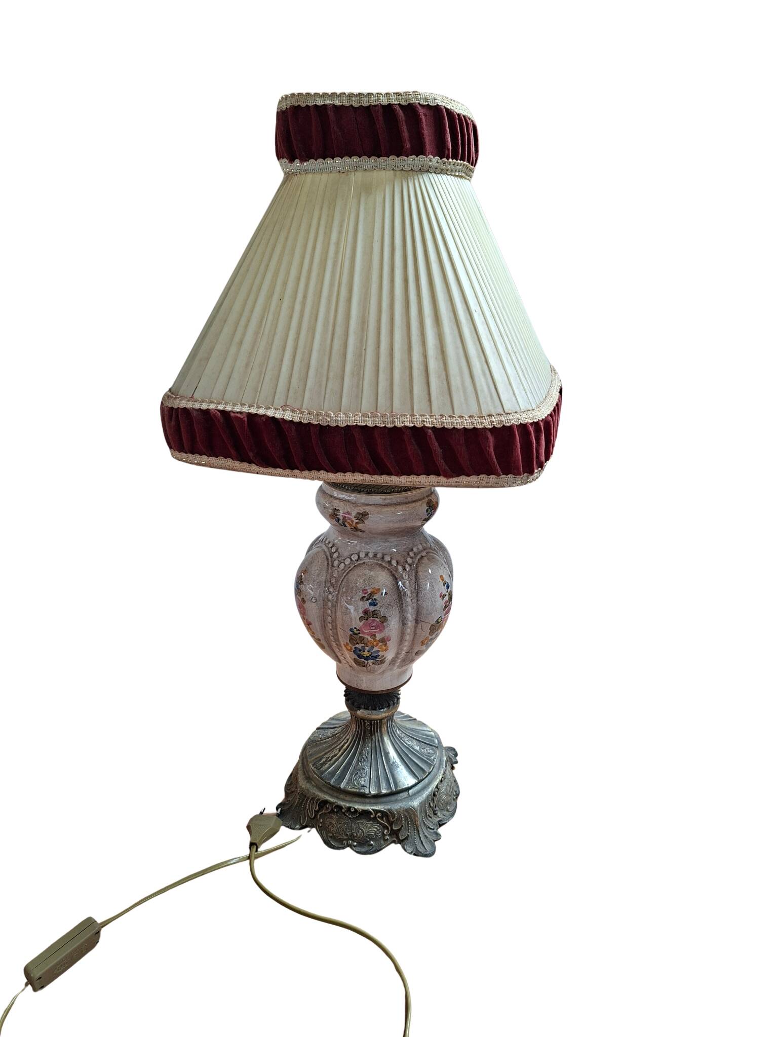 Lampada da Tavolo Vintage in Ceramica dipinta a mano e Velluto Bordeaux