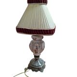 Lampada da Tavolo Vintage in Ceramica dipinta a mano e Velluto Bordeaux