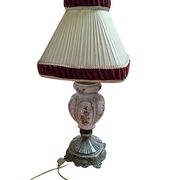 Lampada da Tavolo Vintage in Ceramica dipinta a mano e Velluto Bordeaux
