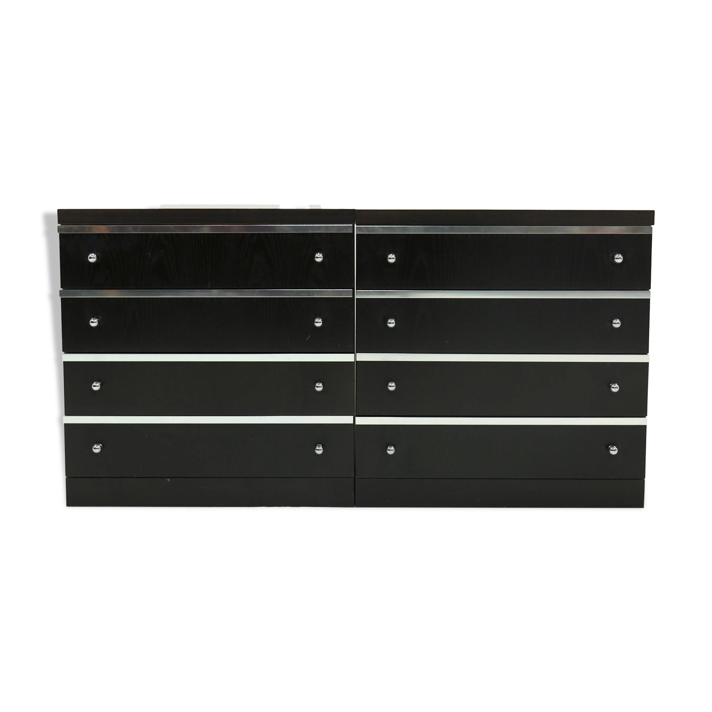 Pair Chest of Drawers in Ebonized Wood with Aluminium Accents 1980s