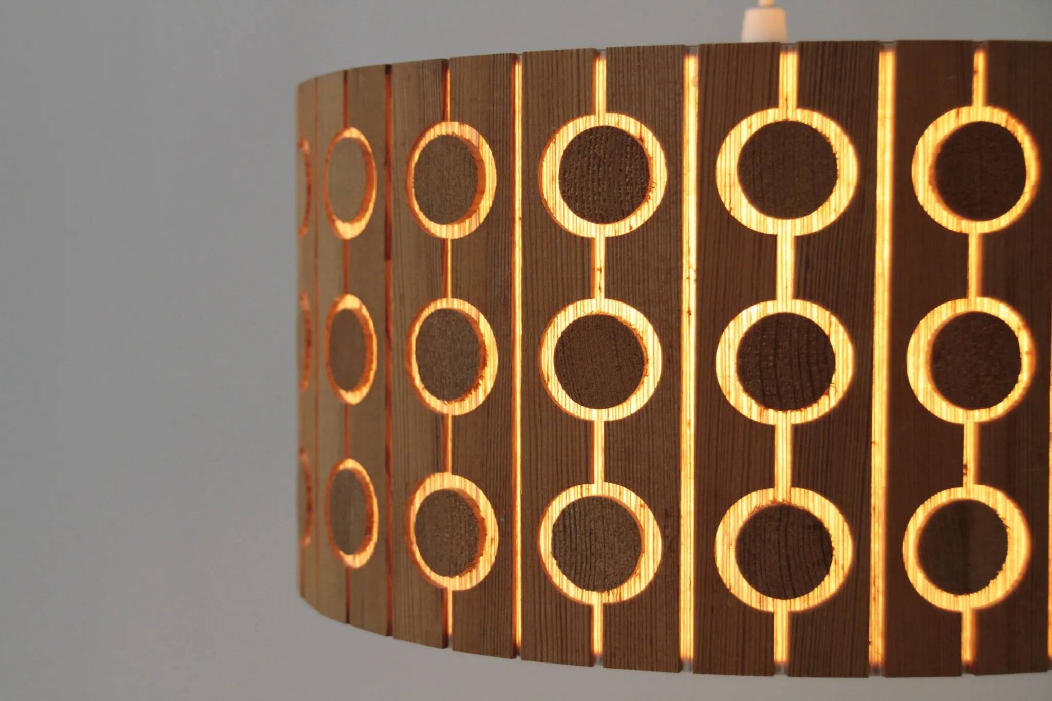Pine Pendant Lamp – Cylindrical with Circle Pattern, Scandinavia – 1960s/1970s