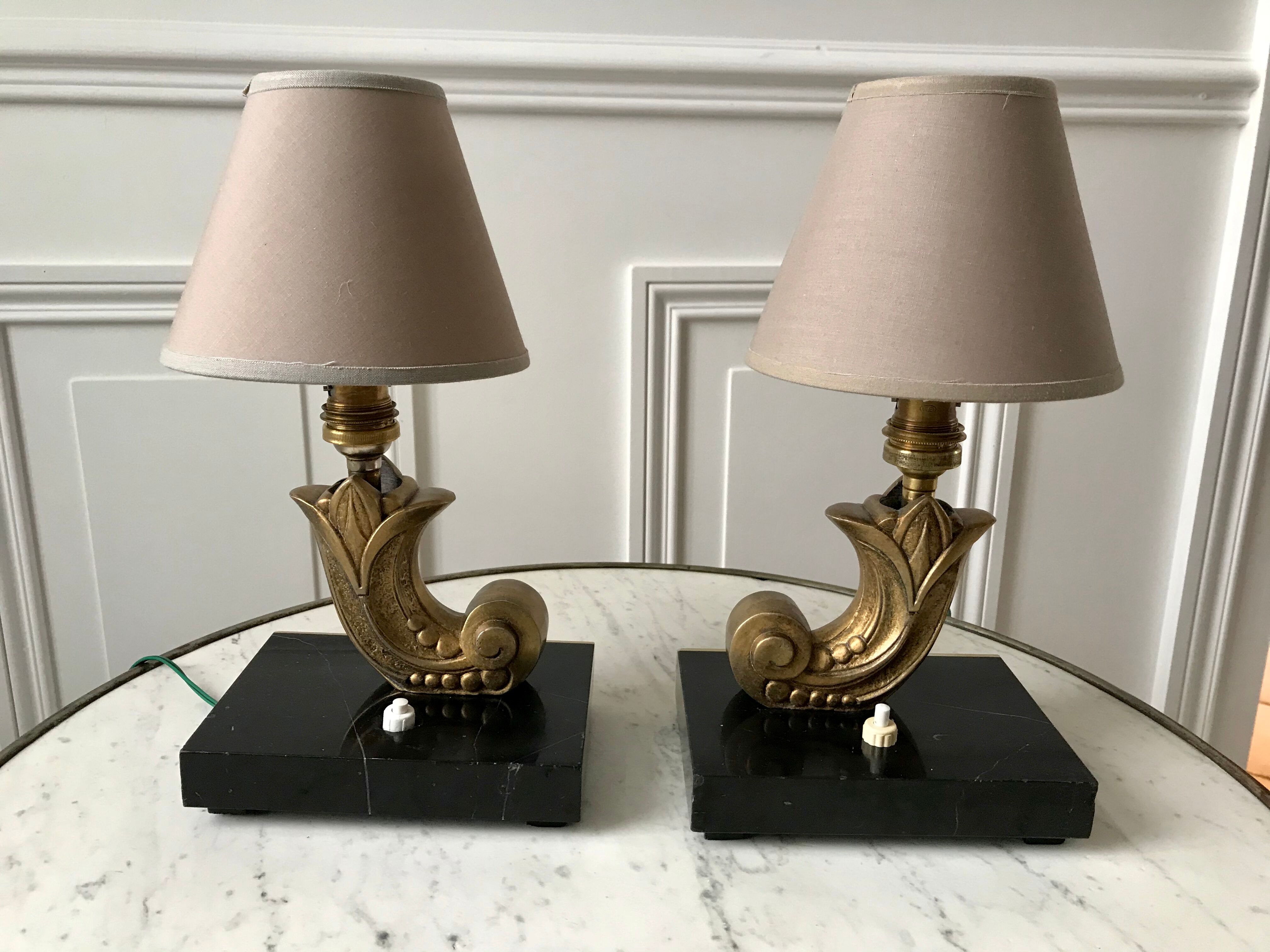 Pair of bronze and marble lamp art deco 30s