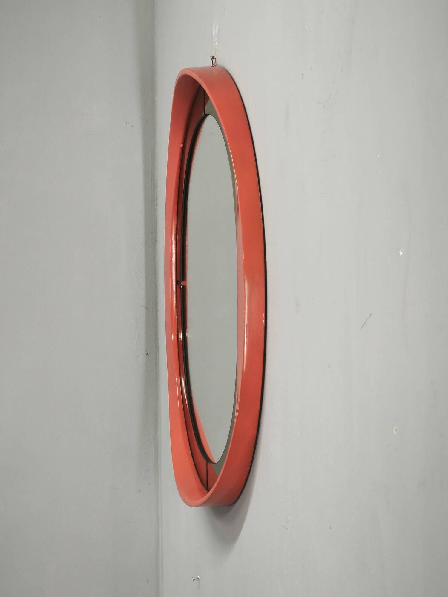 1970s Italian Space Age Red Lacquer and Smoked Glass Round Mirror