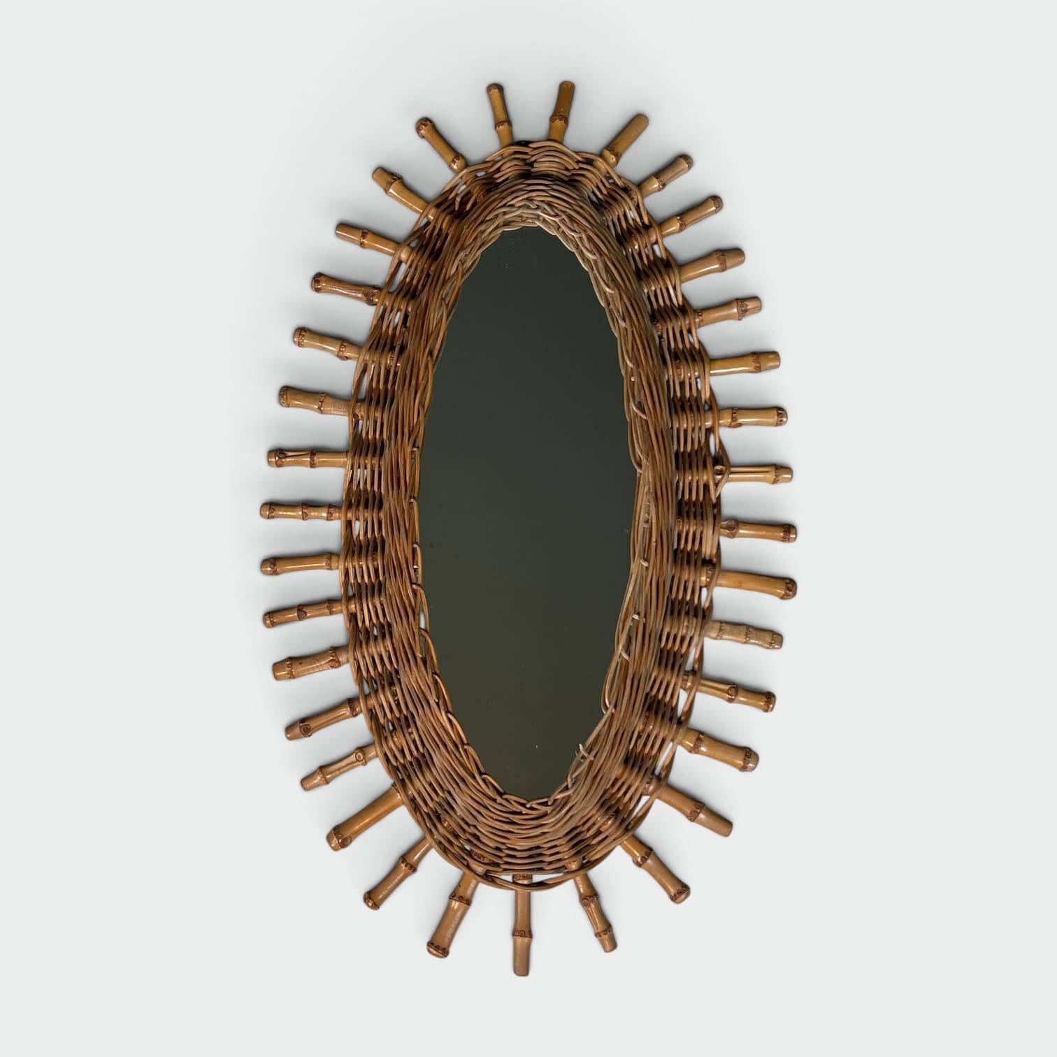 Oval Mirror in Rattan. Woven Willow and Bamboo. French Work from the Riviera.