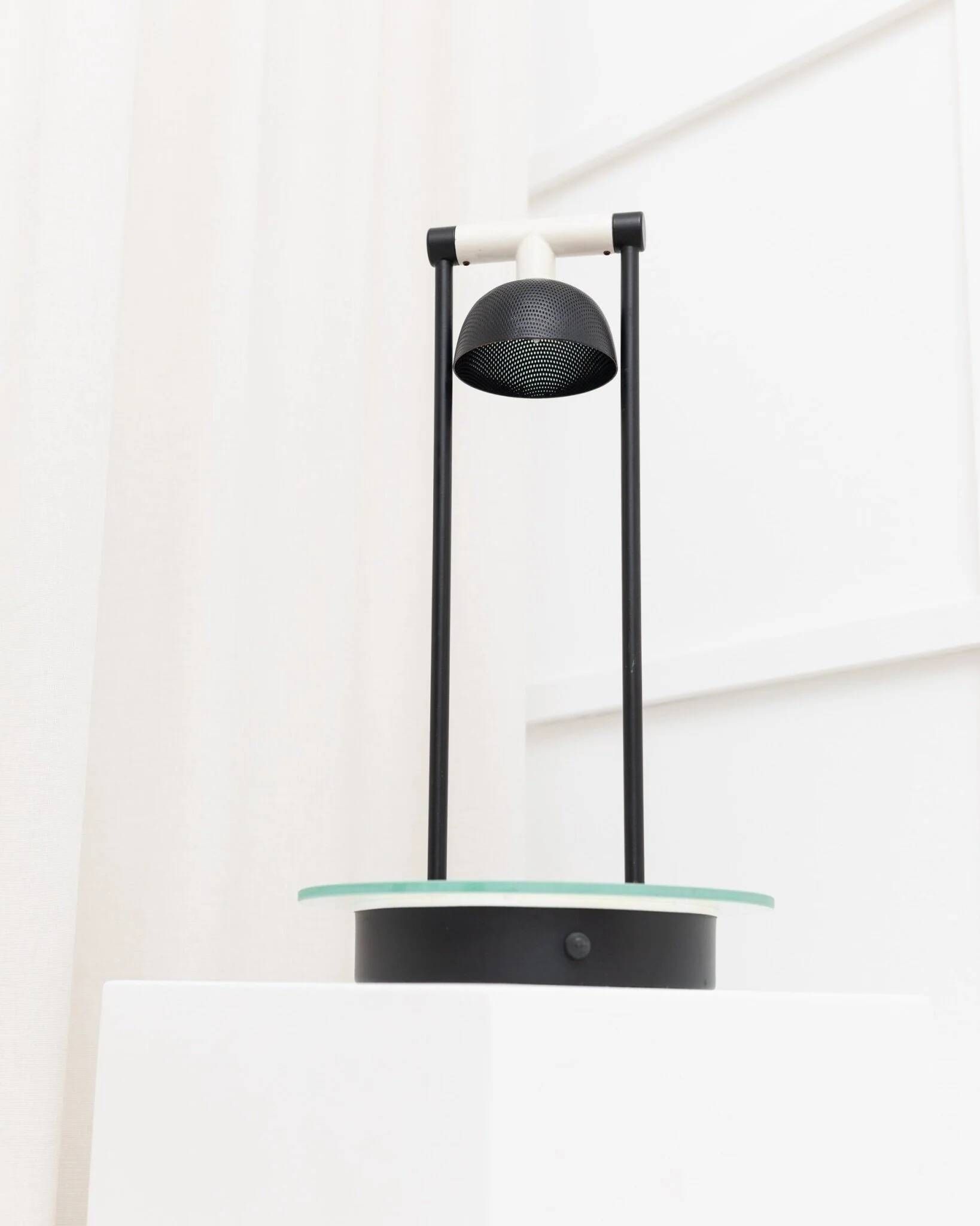 Vintage black metal table lamp with frosted glass disc, Italy, Postmodern Memphis 1980s
