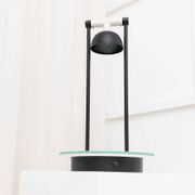 Vintage black metal table lamp with frosted glass disc, Italy, Postmodern Memphis 1980s