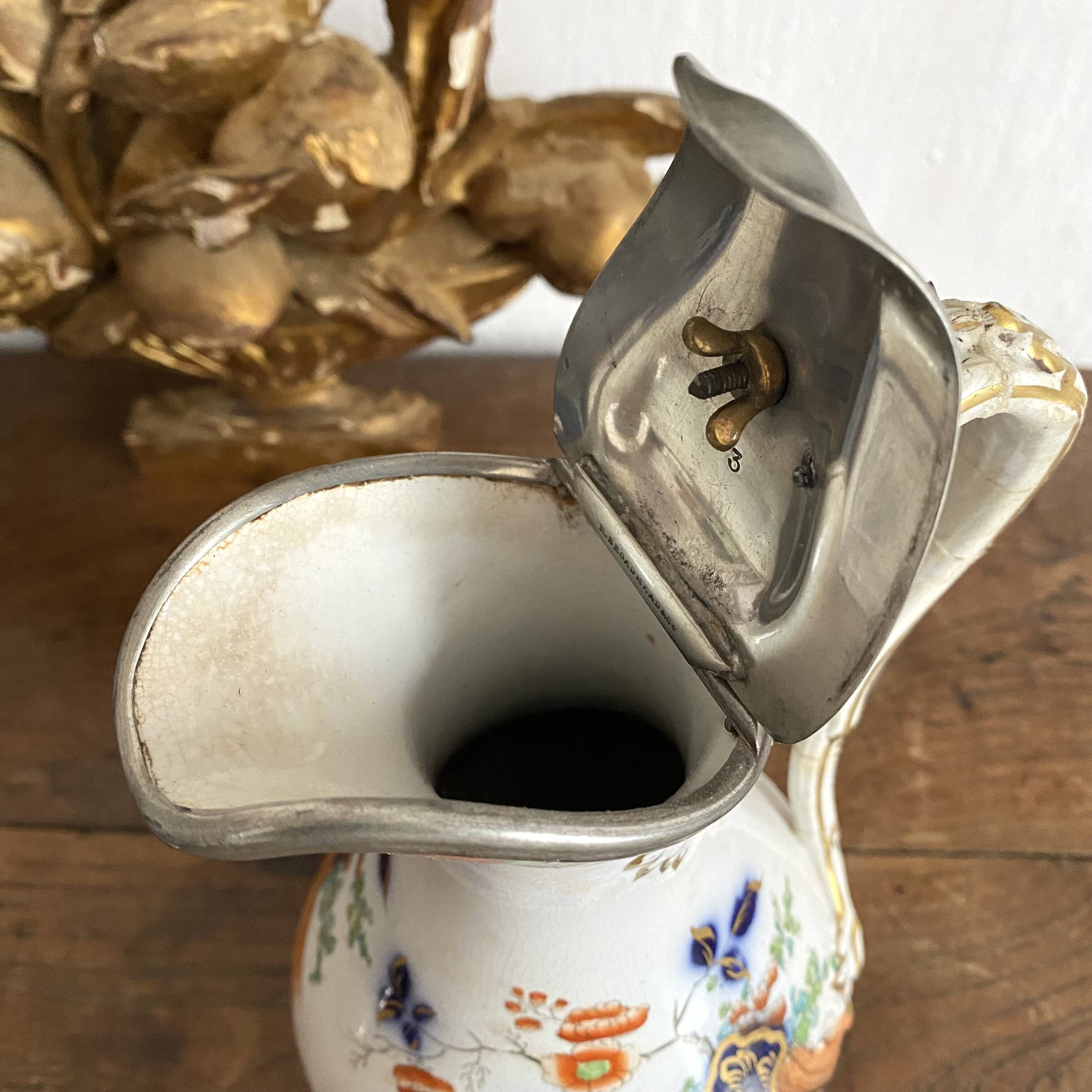 Antique polychrome porcelain jug, Orientalist decoration.