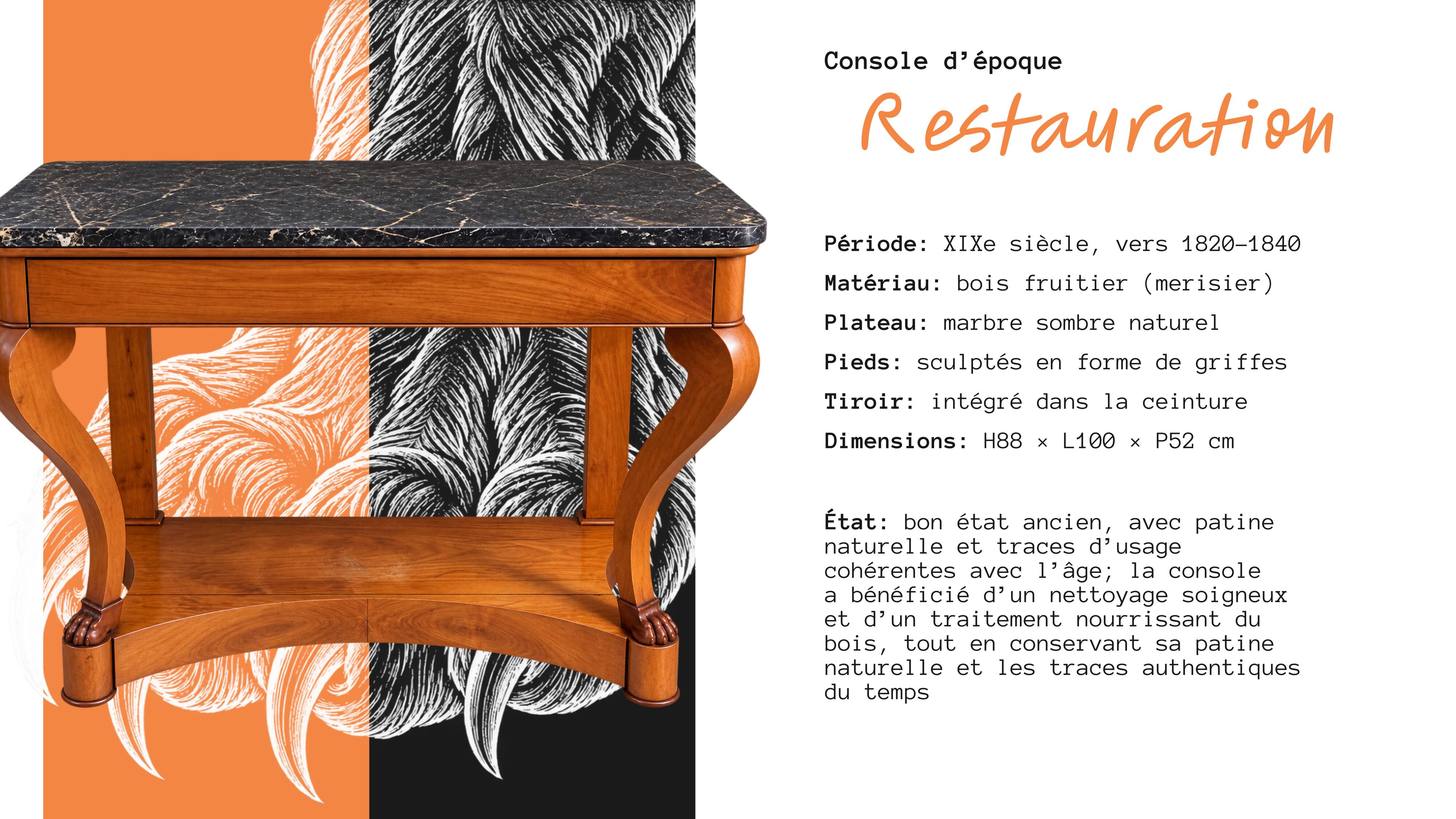 French console from the 19th century in cherry wood and black marble, with claw feet.