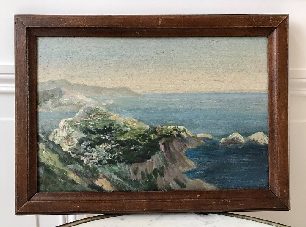 Oil painting on wood seaside landscape signed 40s-50s