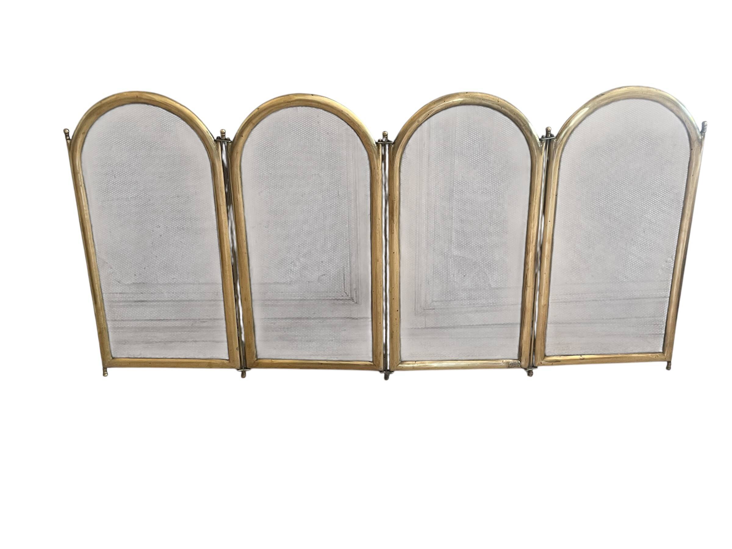 Vintage brass fireplace screen, folding spark guard with 4 panels,
