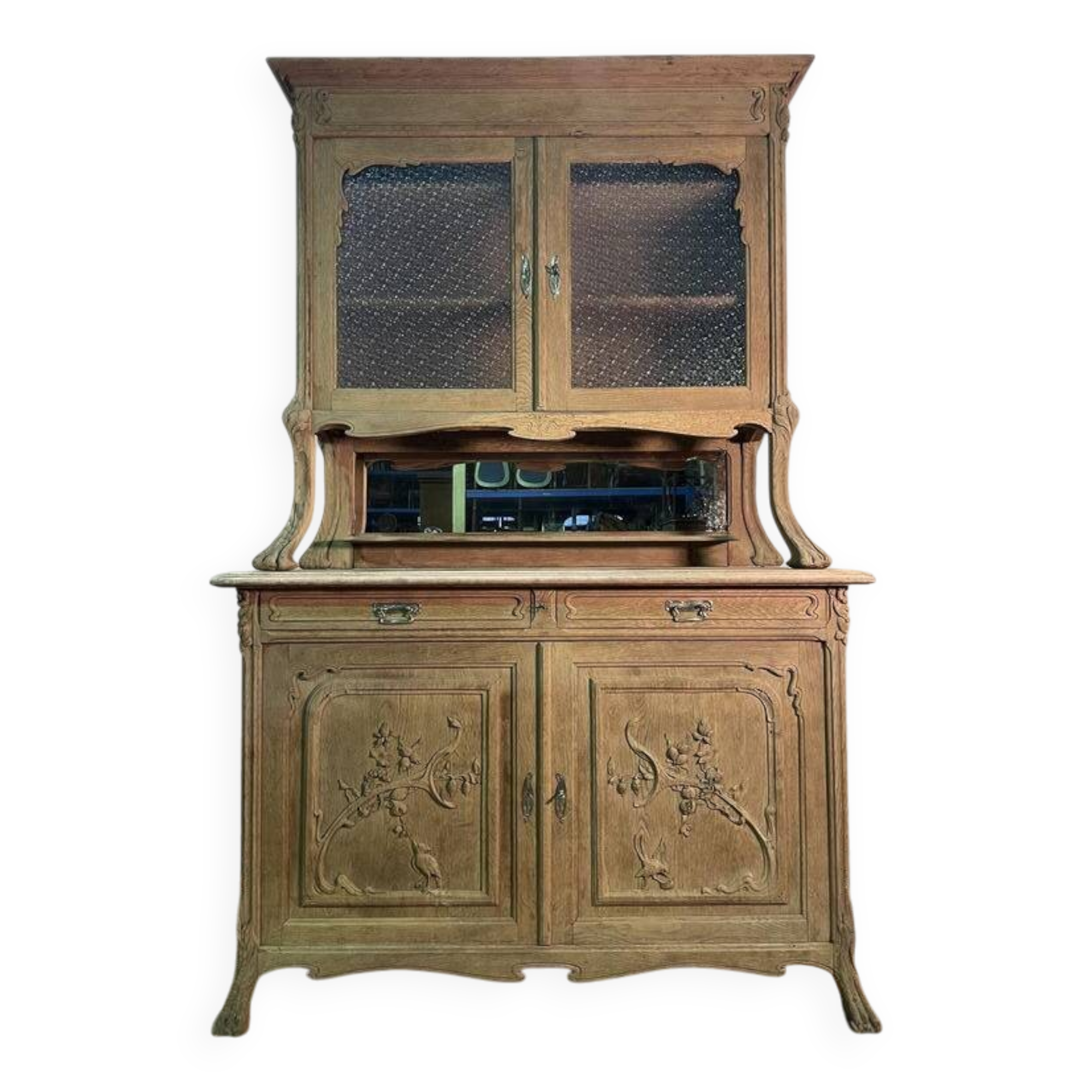 Two-body sideboard in solid oak, Art Nouveau period