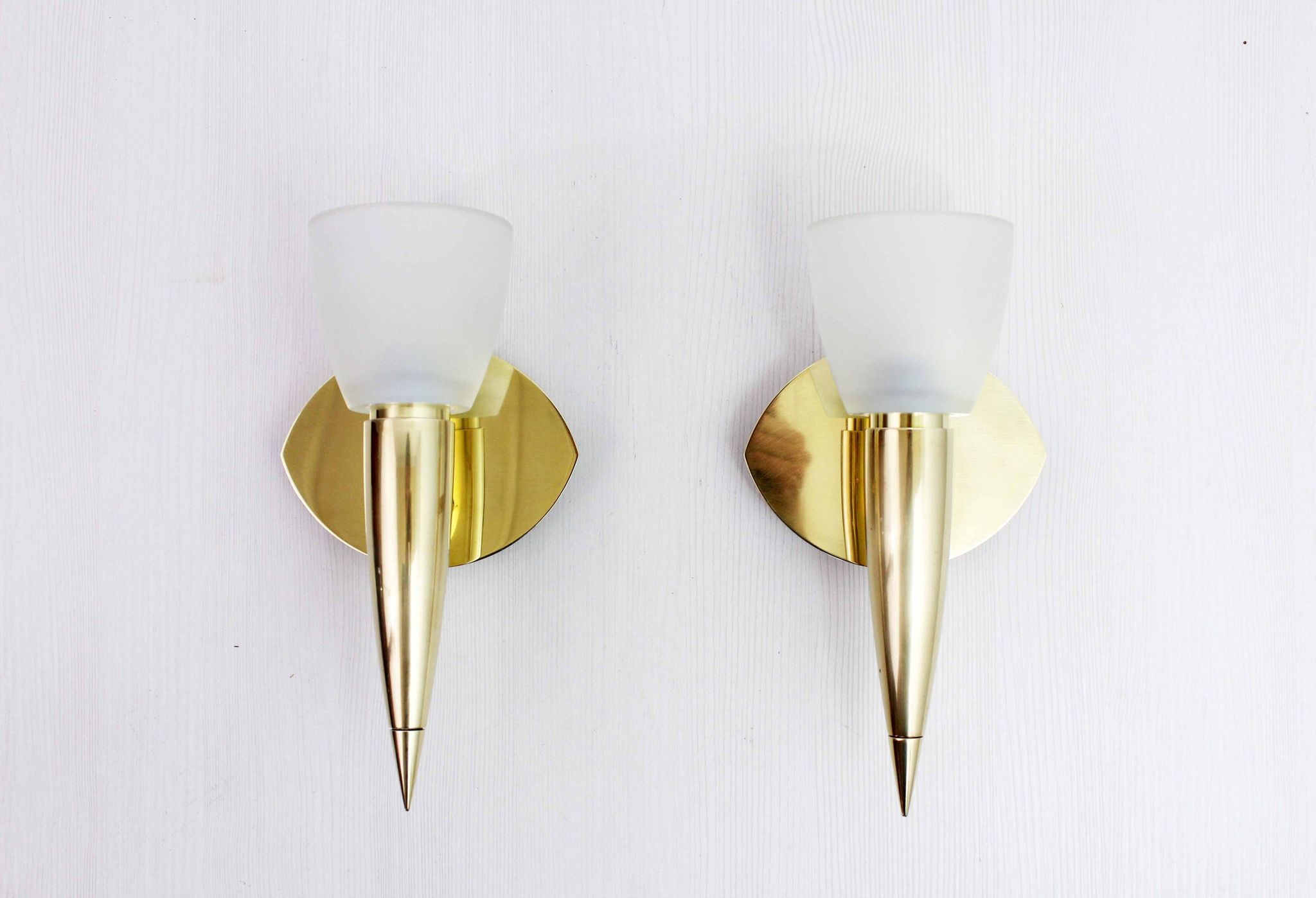 Pair of leola brass and glass wall lights, italy 1970