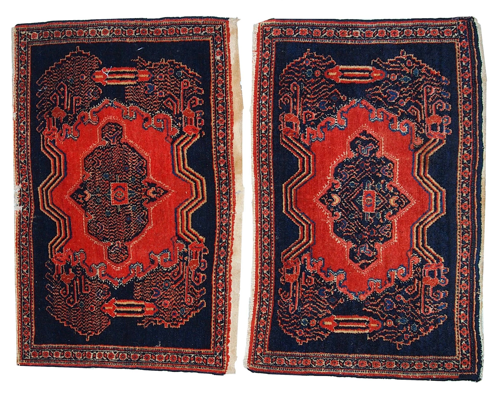 Paire de tapis antiques faits main Senneh persans 52cm x 80cm (années 1900)