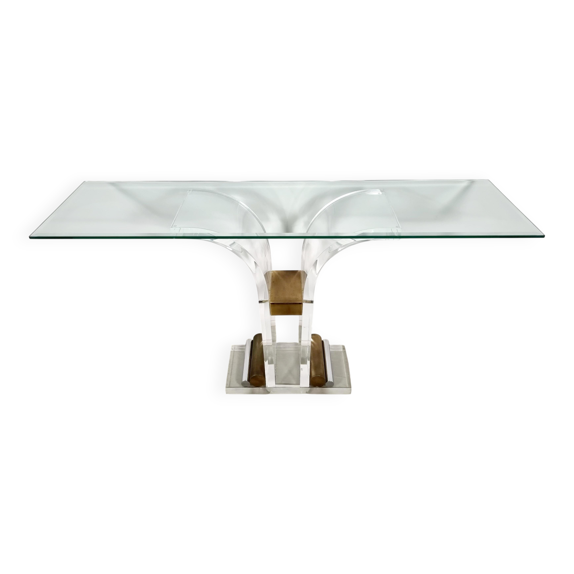 Console table by Charles Hollis Jones in lucite, brass, and glass, 1970.