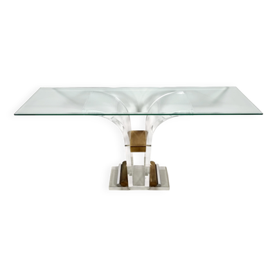 Table console Charles Hollis Jones en lucite, laiton et verre, 1970