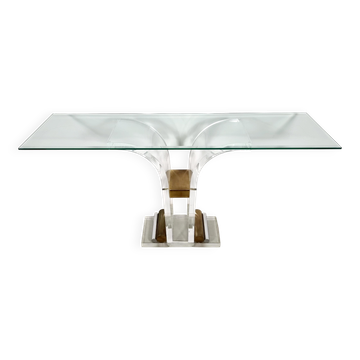 Console table by Charles Hollis Jones in lucite, brass, and glass, 1970.