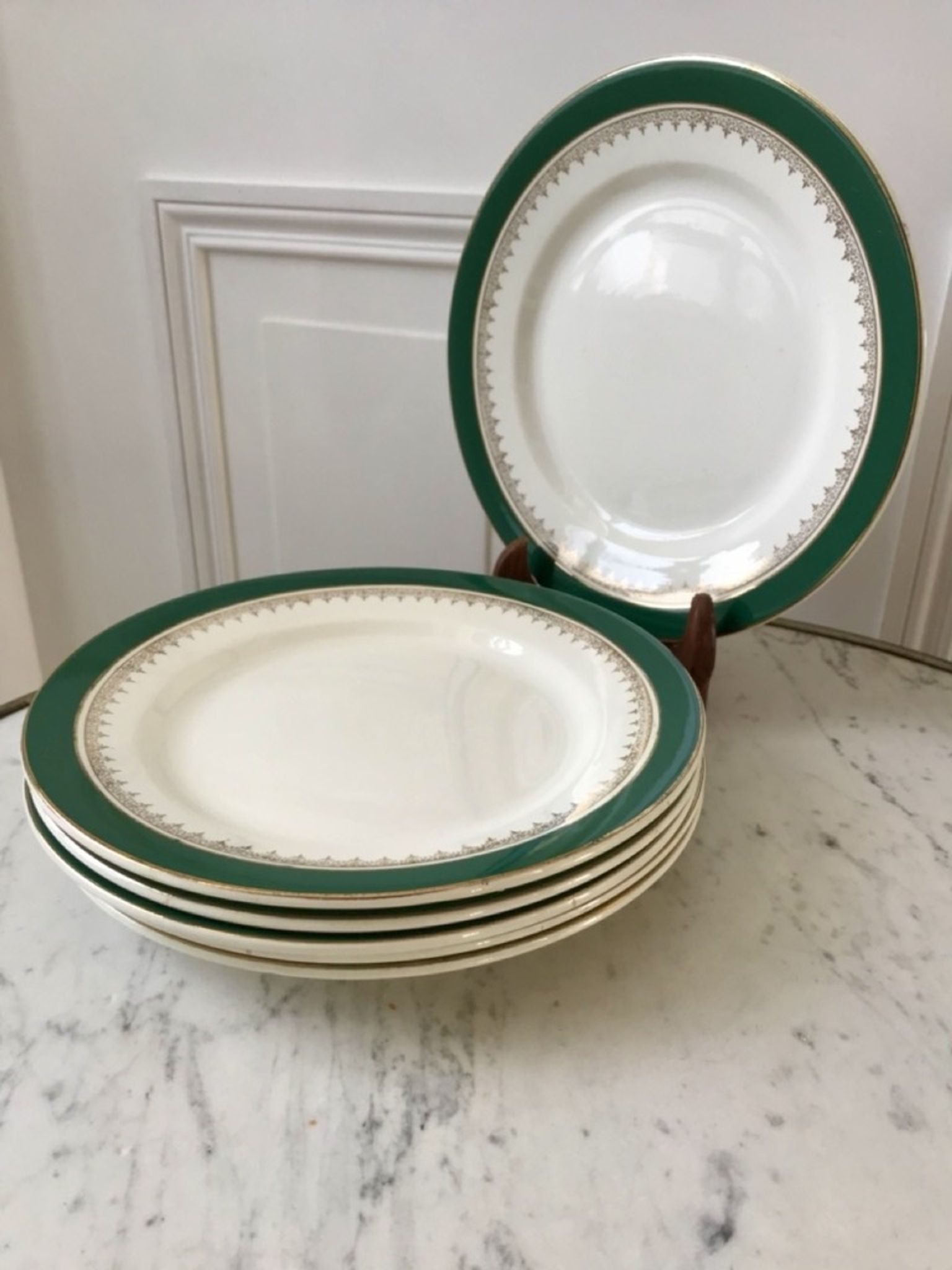 set of 6 flat plates Digoin Sarreguemines model "Martine" green and golden 50s