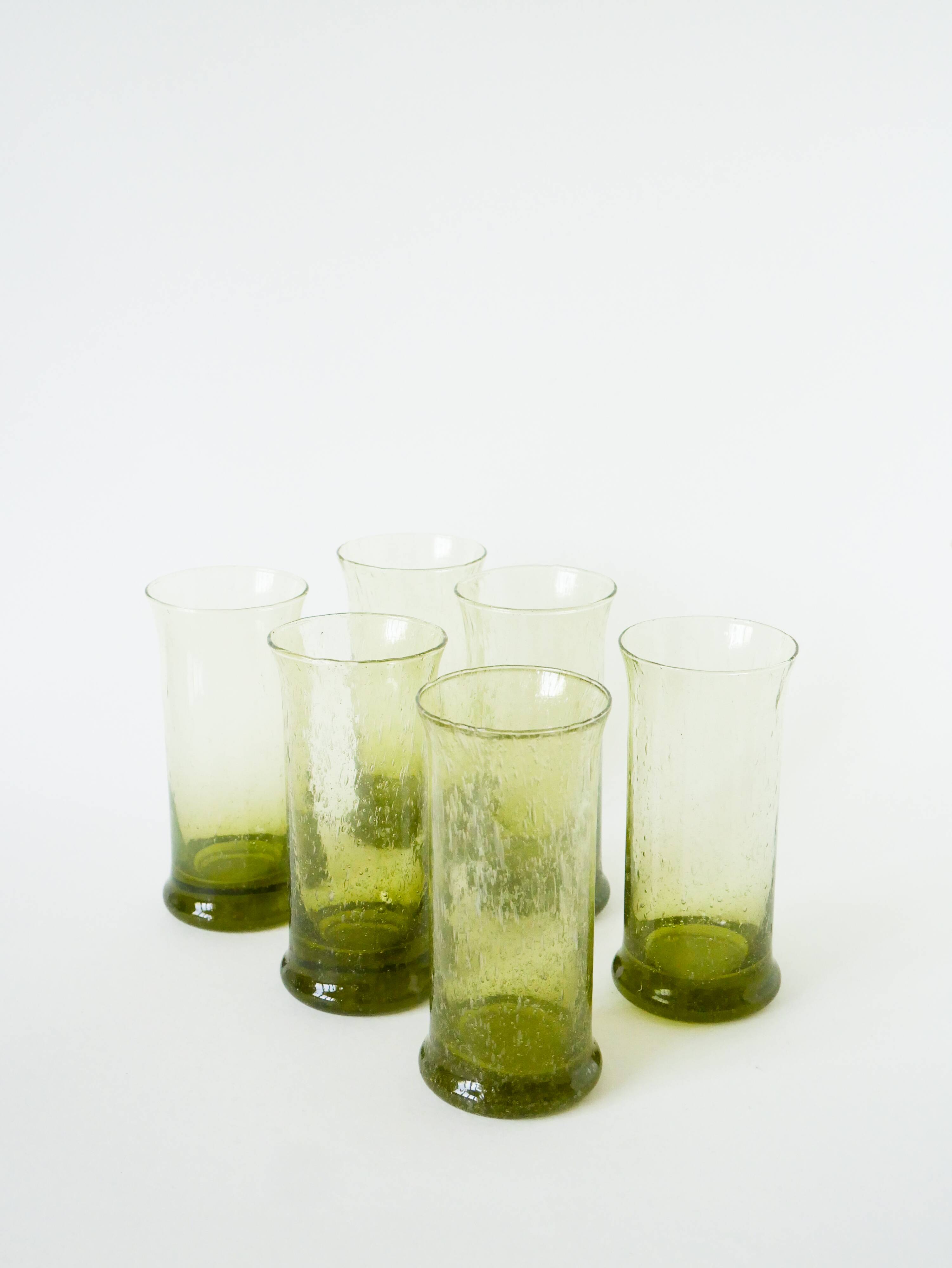 Set of 6 bubble glass long drink glasses from Biot, Green, 1960.