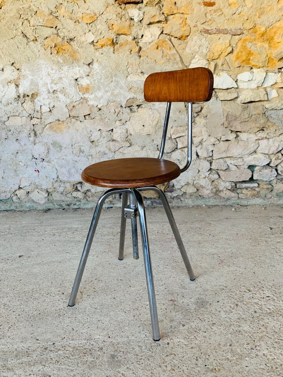 Vintage industrial metal and wood stool with adjustable swivel seat, 1960's