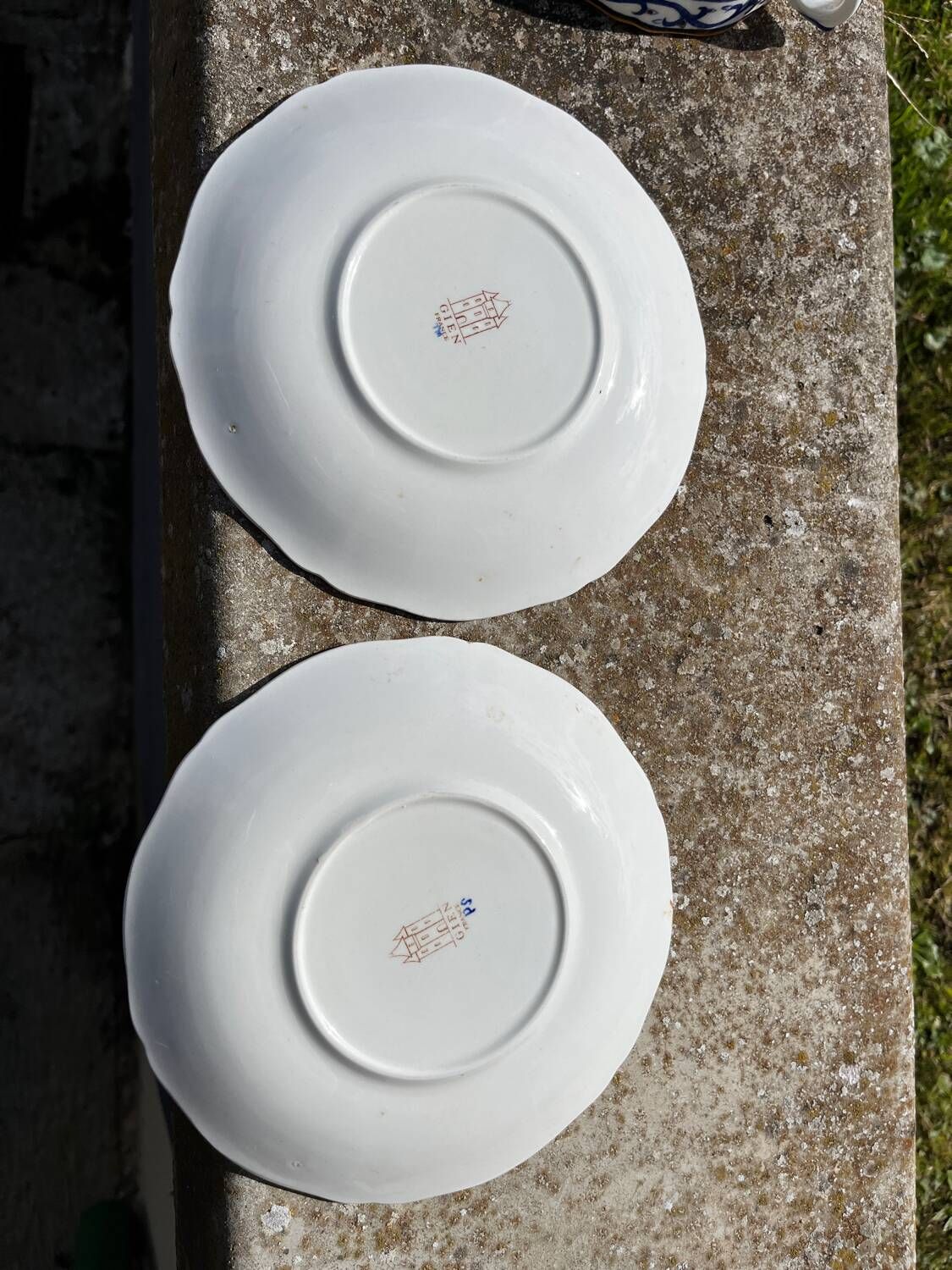 Gien earthenware tea cups and saucers with peony decor