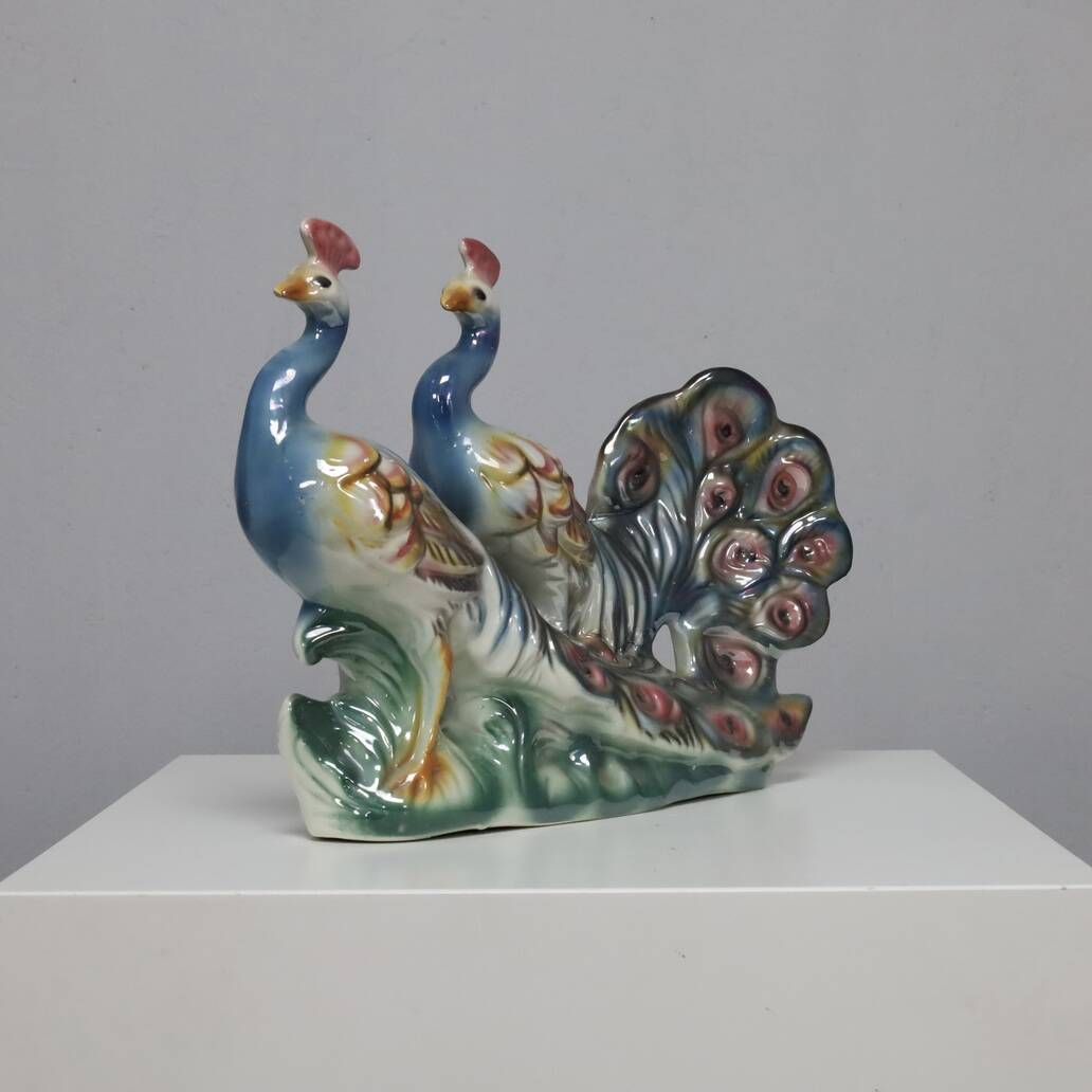 Italian Ceramic Sculpture with two Peacocks, 1960s hand-painted
