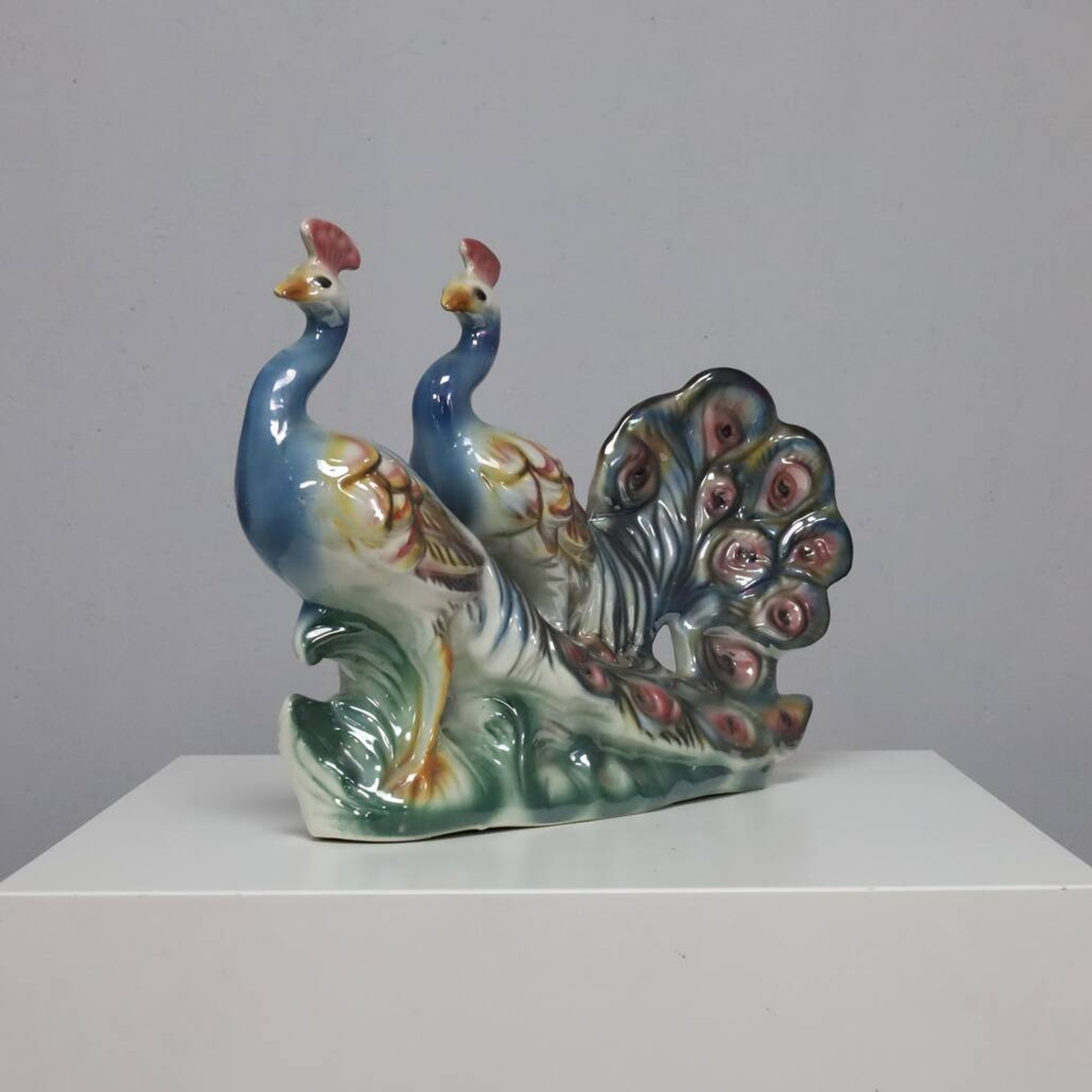 Italian Ceramic Sculpture with two Peacocks, 1960s hand-painted