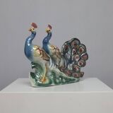 Italian Ceramic Sculpture with two Peacocks, 1960s hand-painted